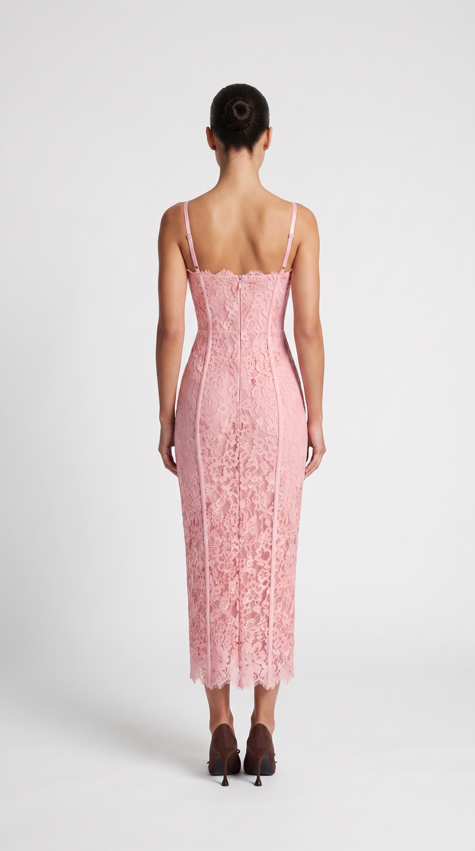 Lotri - Paneled Floral Lace Bustier Midi Dress Pink