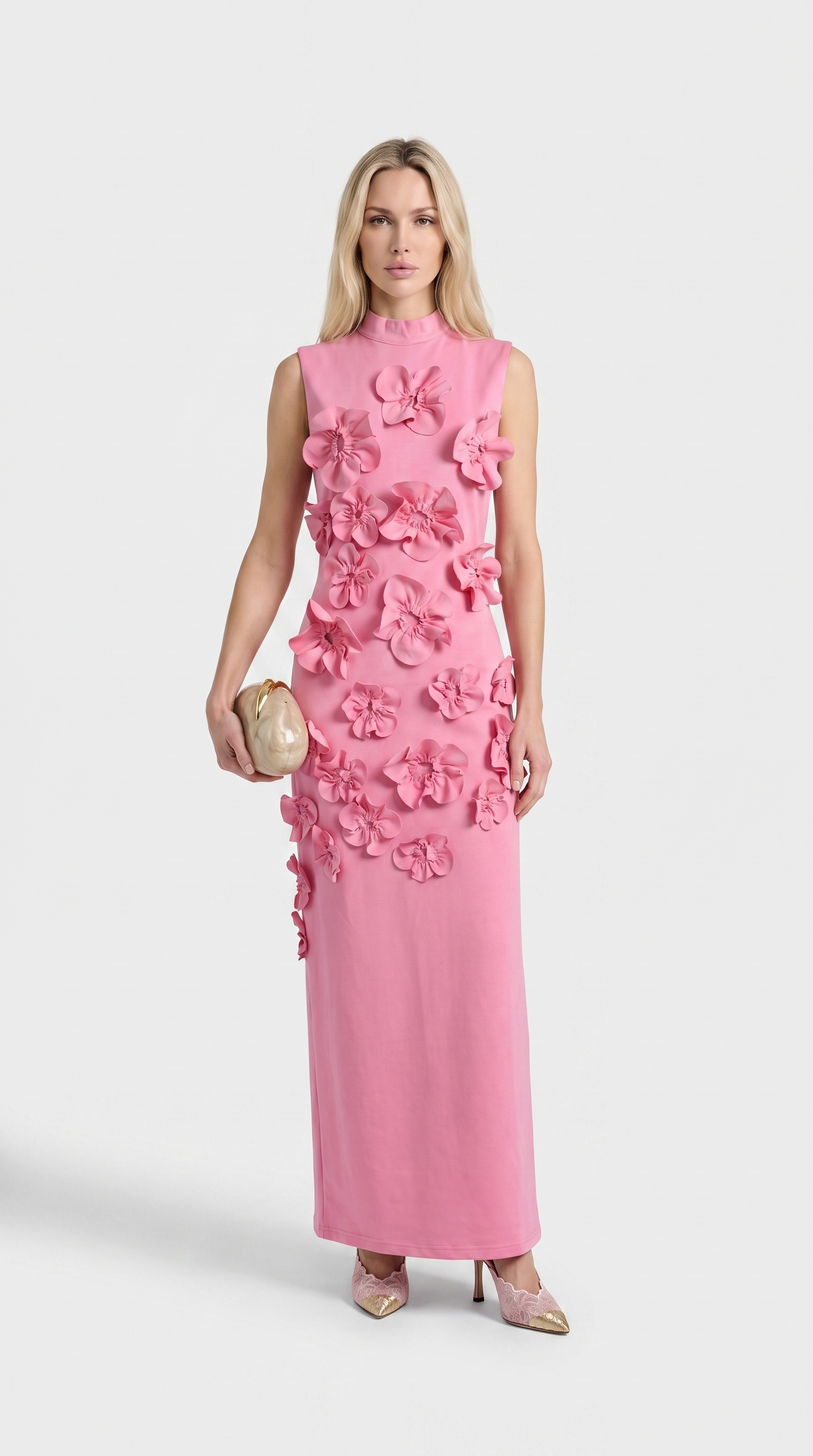 Conta - 3D Floral Appliqué Mock-Neck Maxi Gown Pink