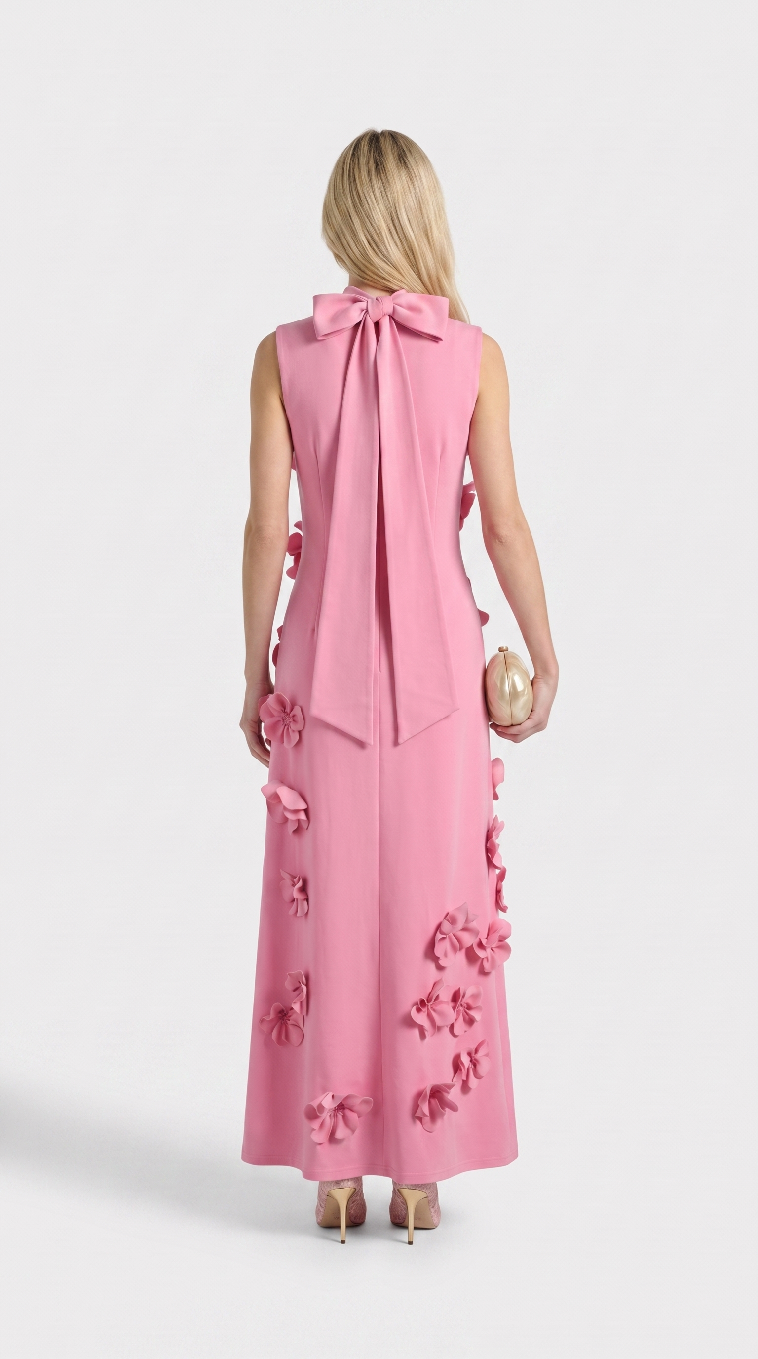 Conta - 3D Floral Appliqué Mock-Neck Maxi Gown Pink