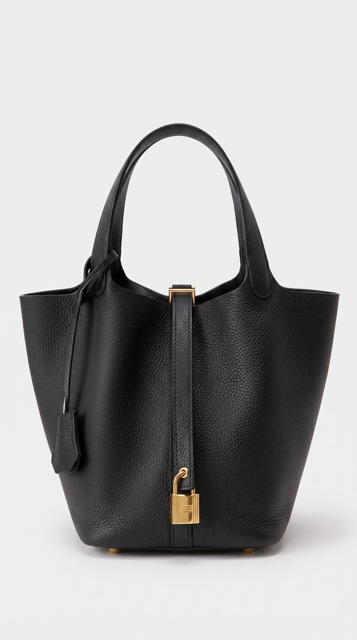 Naia - Pebbled Leather Padlock Bucket Tote Bag Black