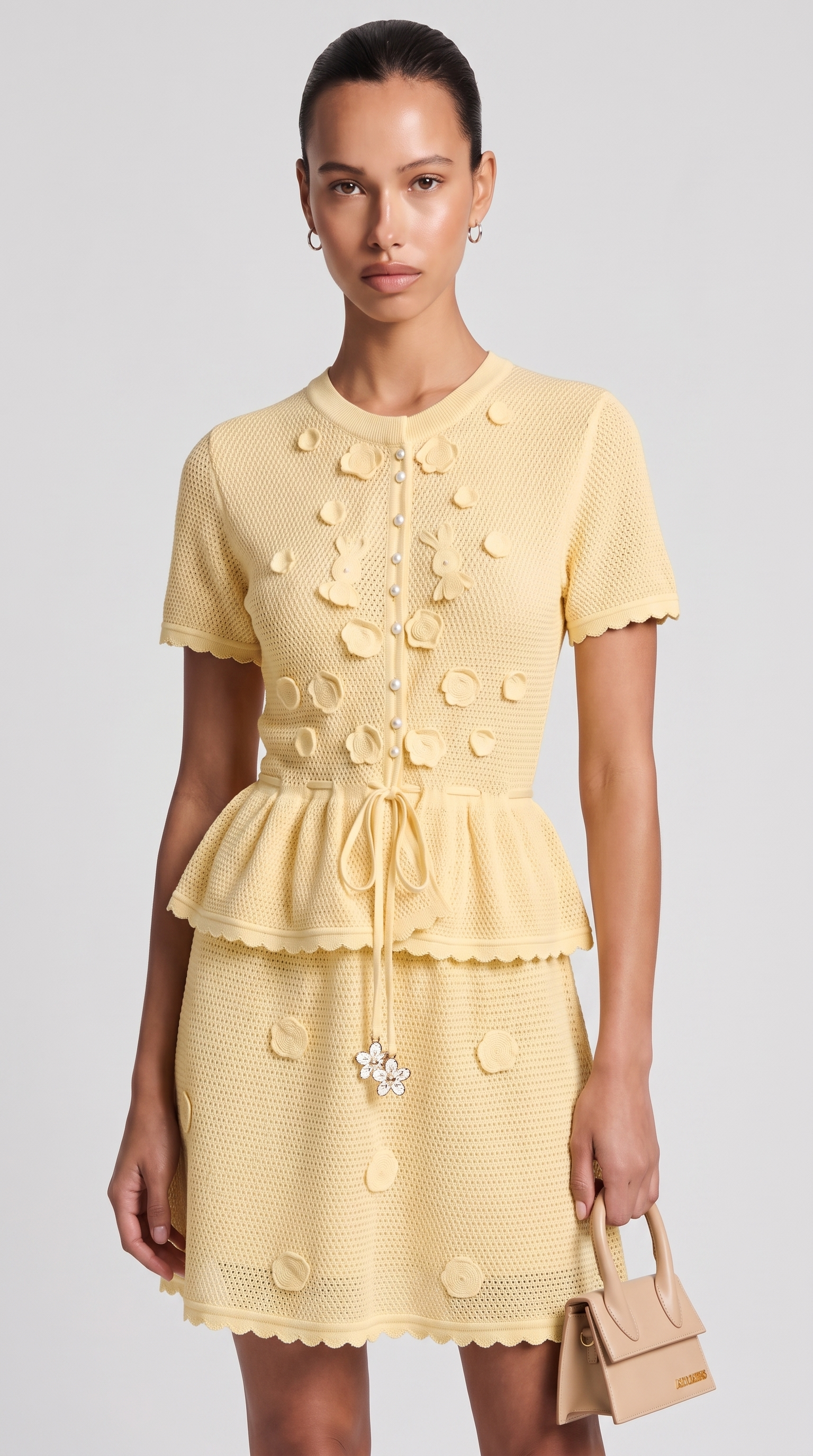 Alsi - 3D Floral-Appliqué Knit Cardigan & Skirt Set