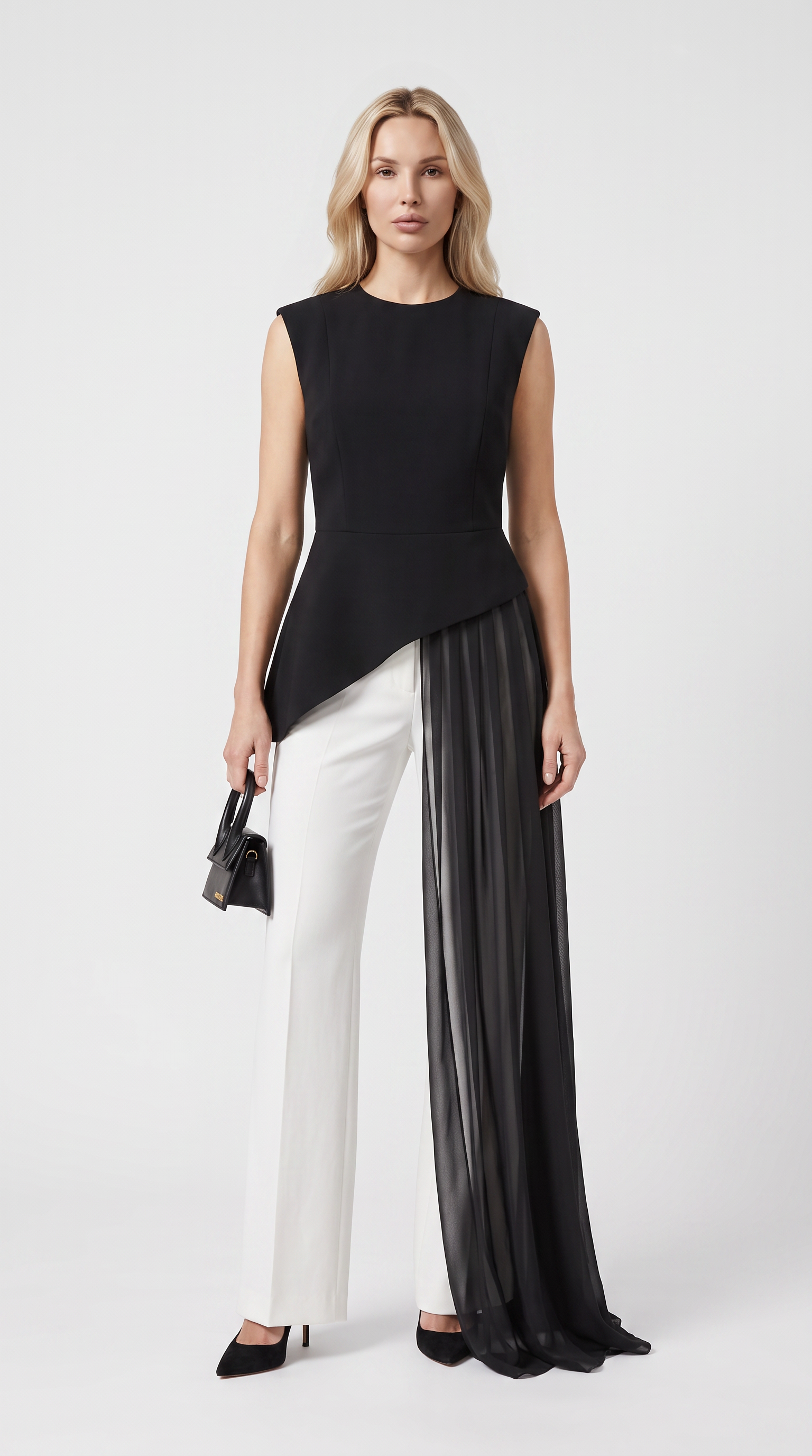 Mara - Asymmetrisches Chiffon Drapiertes Peplum Top Schwarz