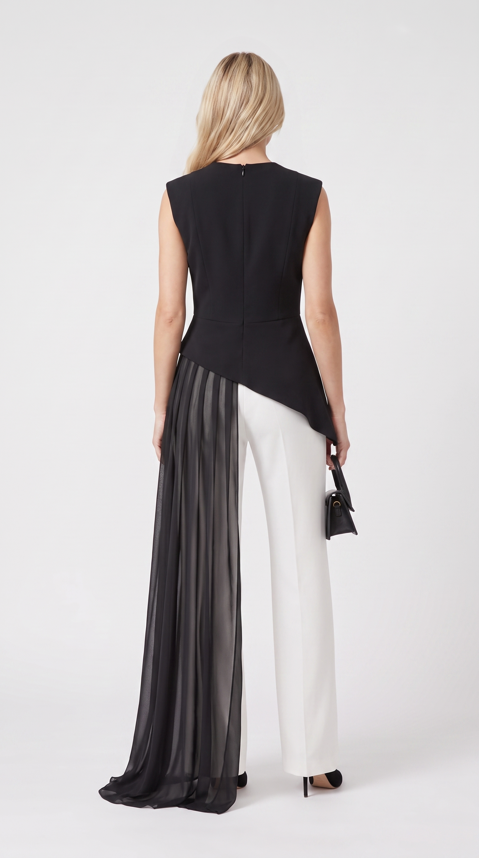 Mara - Asymmetrisches Chiffon Drapiertes Peplum Top Schwarz