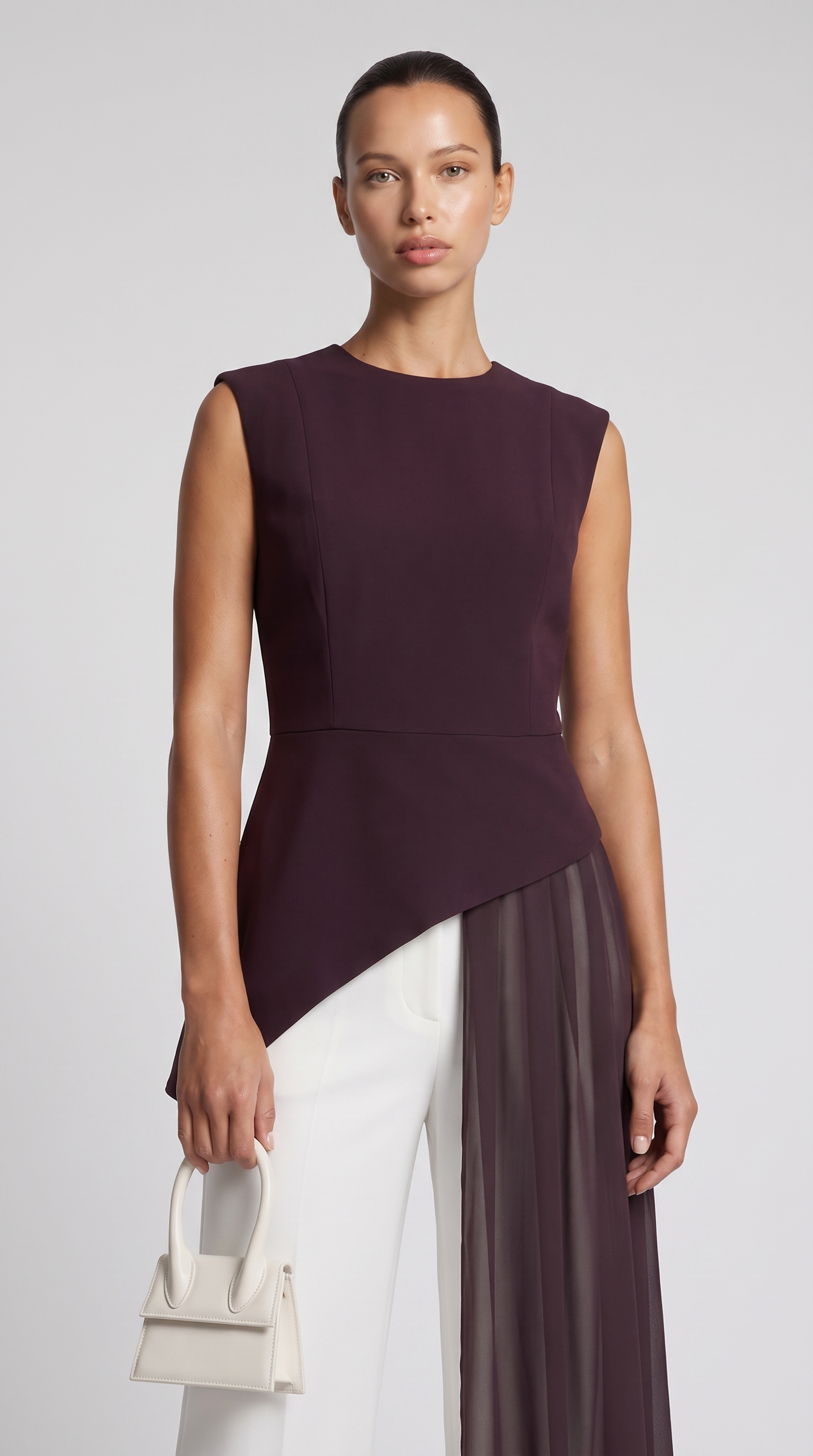 Mara - Asymmetrical Chiffon-Draped Peplum Top Burgundy