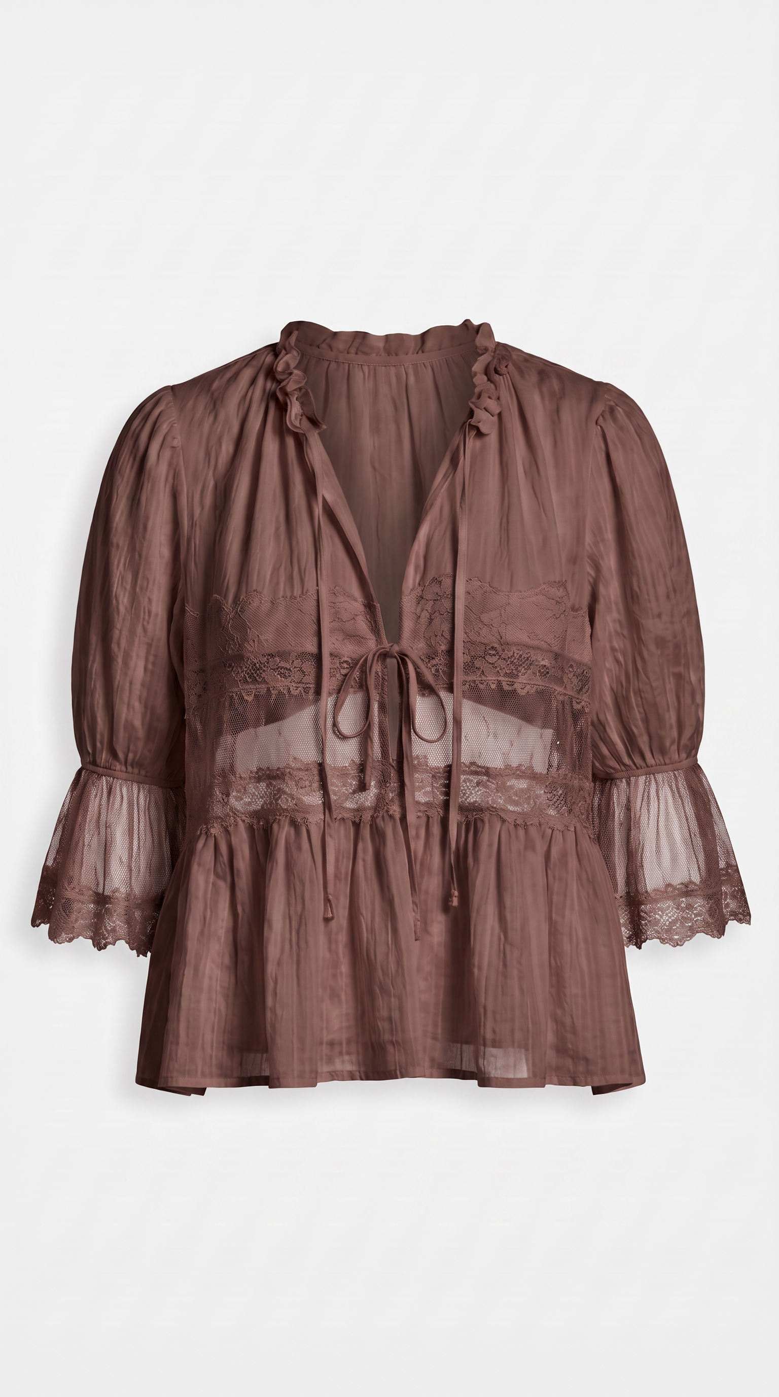 Pino - Sheer Lace Inset Peplum Blouse Brown