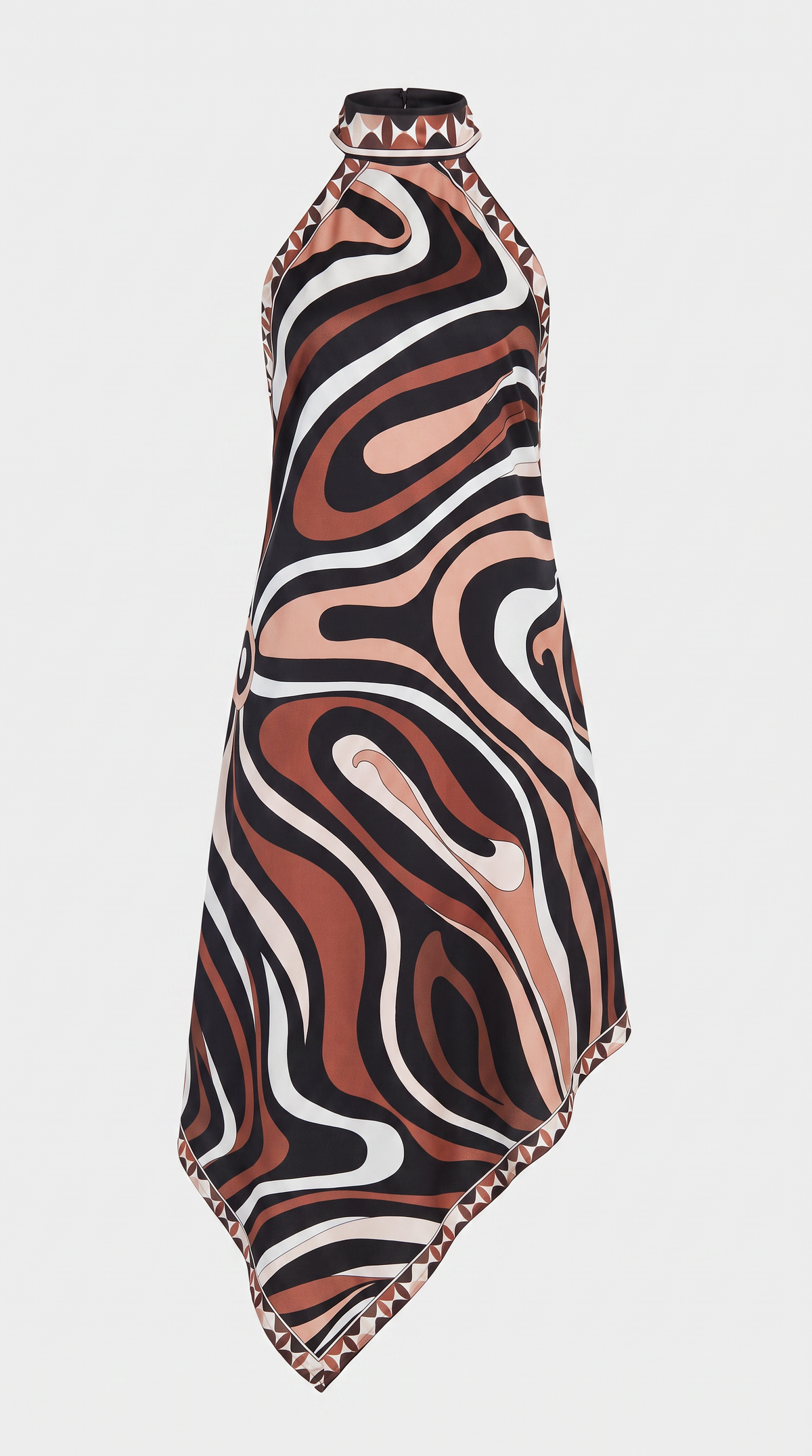 Seli - Graphic Printed Halter Handkerchief Dress Brown