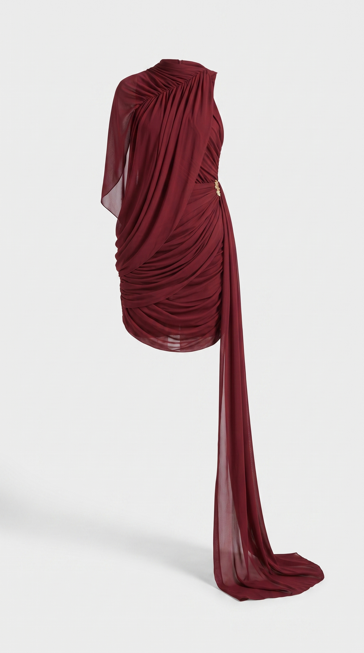 Olia - Asymmetric Ruched Chiffon Mini Dress with Cascade Train