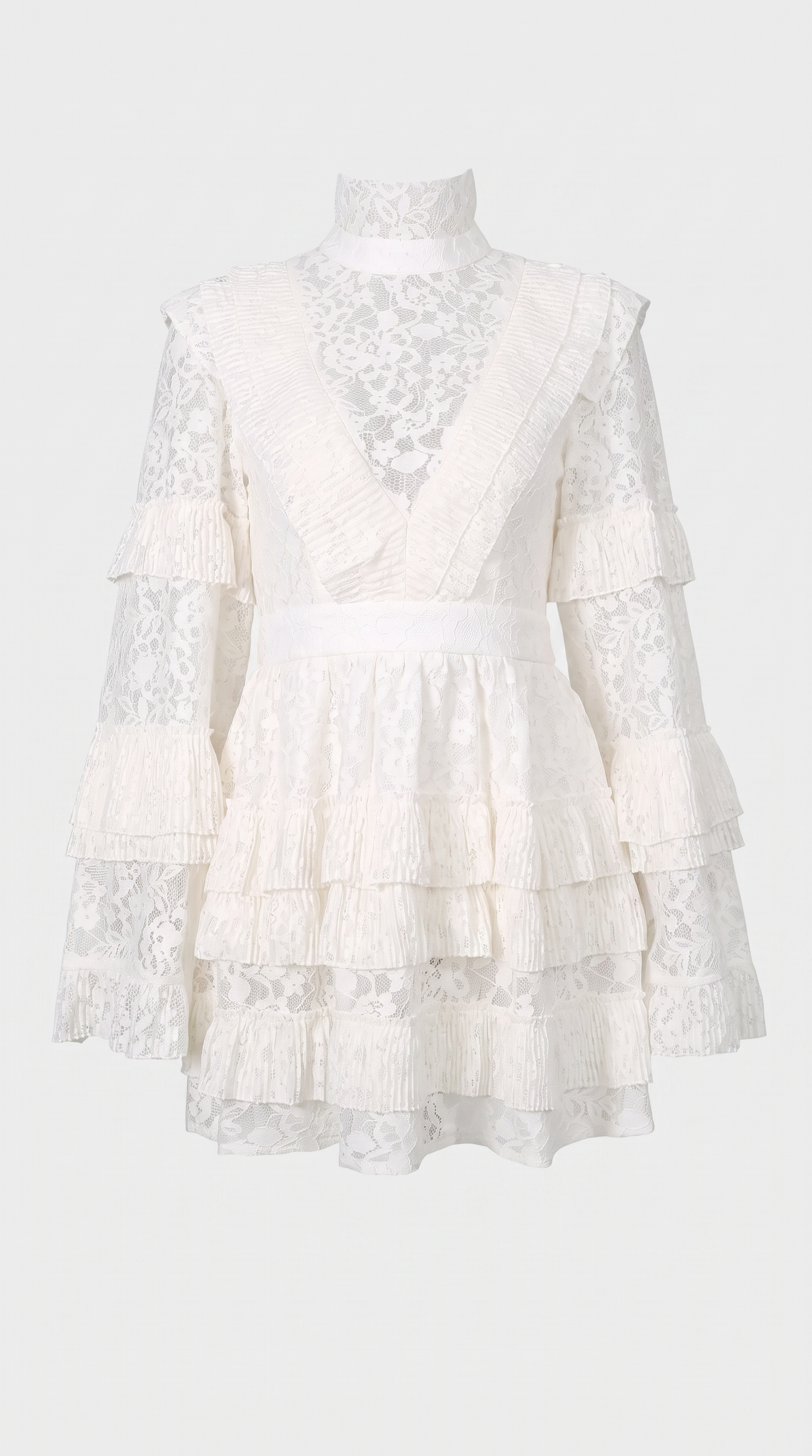 Vara - High-Neck Pleated Tiered Lace Mini Dress