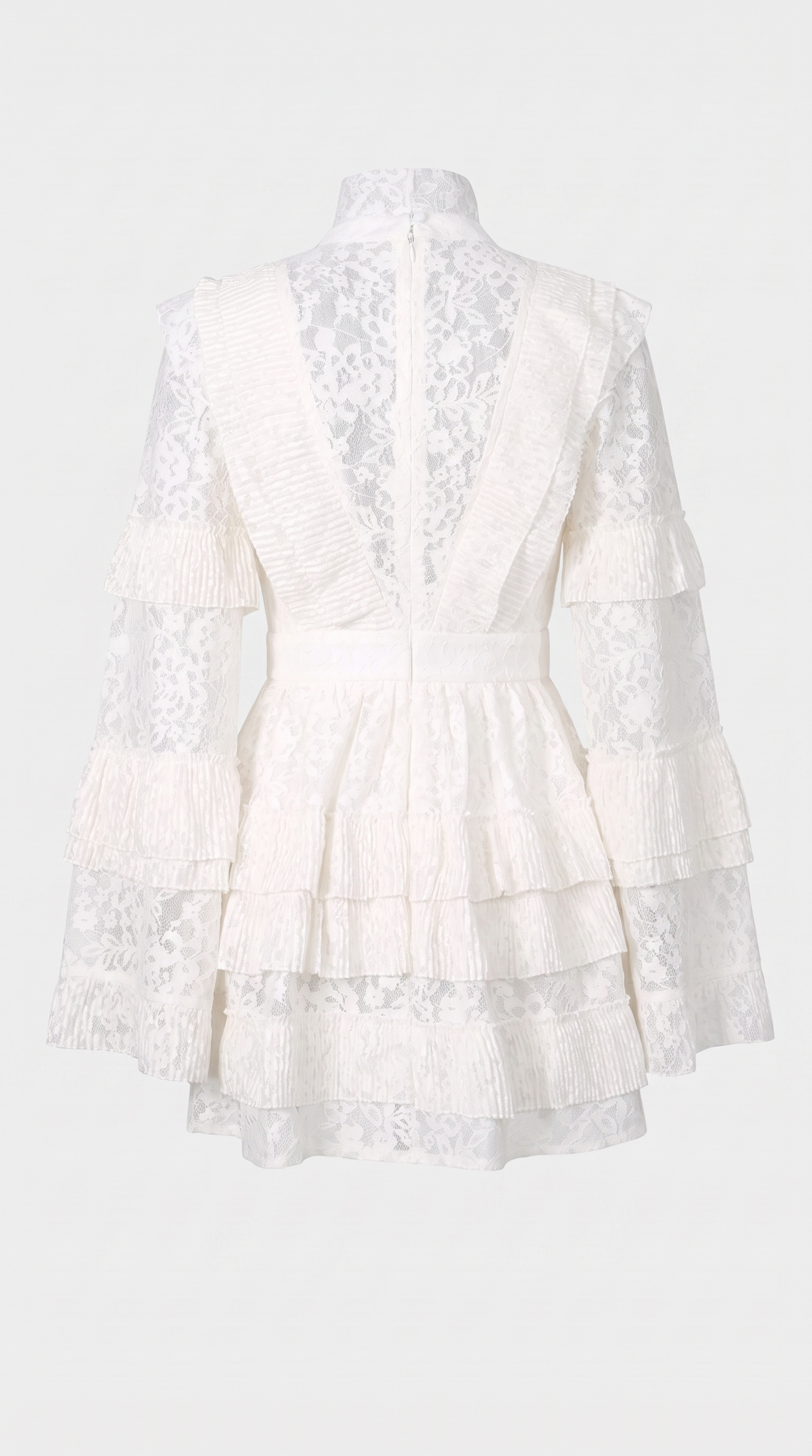 Vara - High-Neck Pleated Tiered Lace Mini Dress