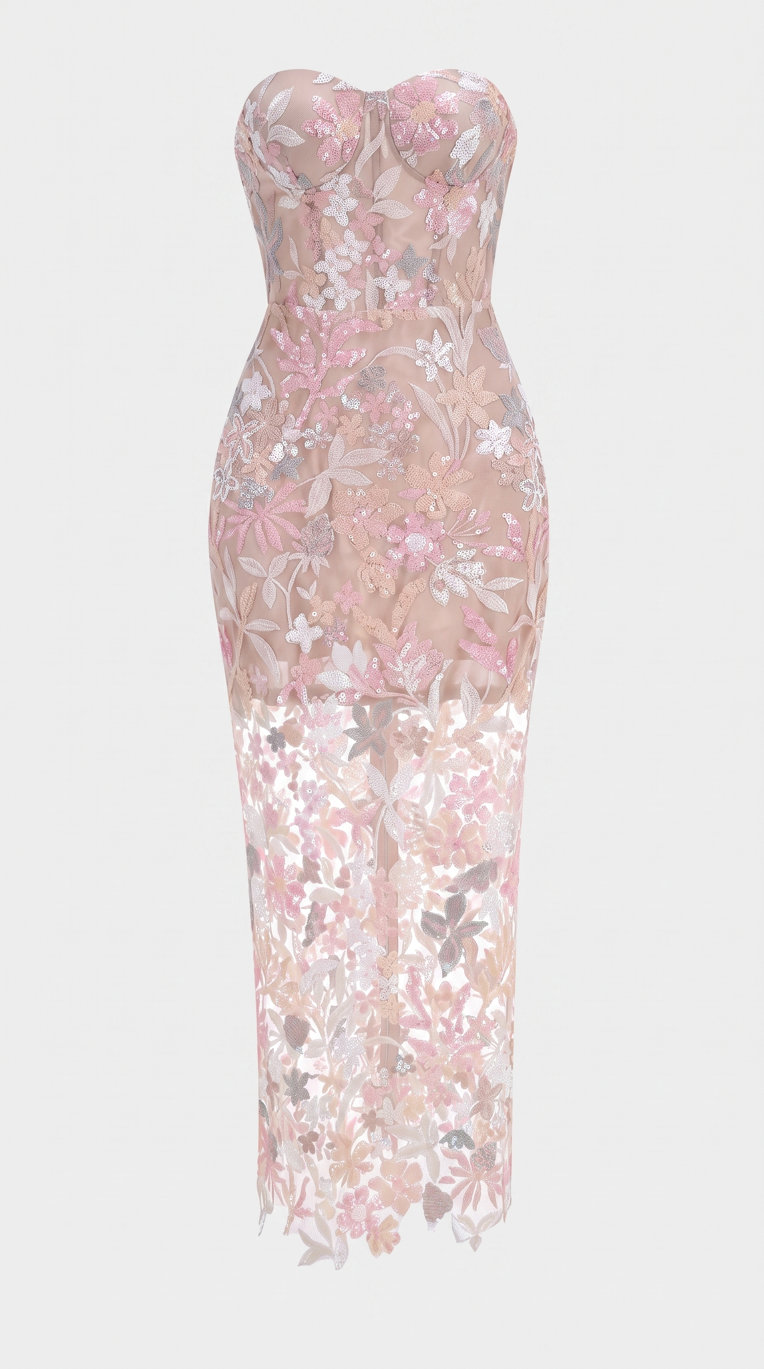 Liva - Sequined Floral Embroidered Corseted Midi Dress Pink