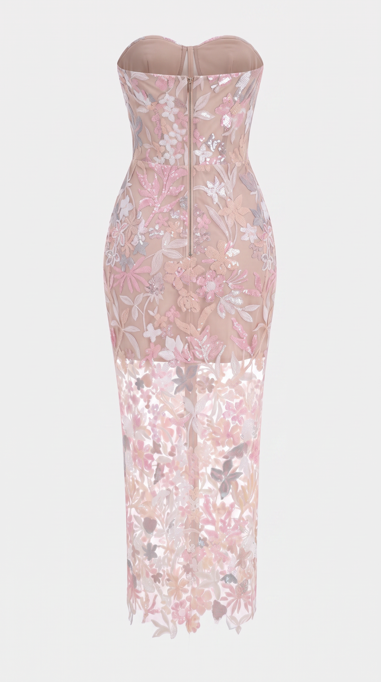 Liva - Sequined Floral Embroidered Corseted Midi Dress Pink