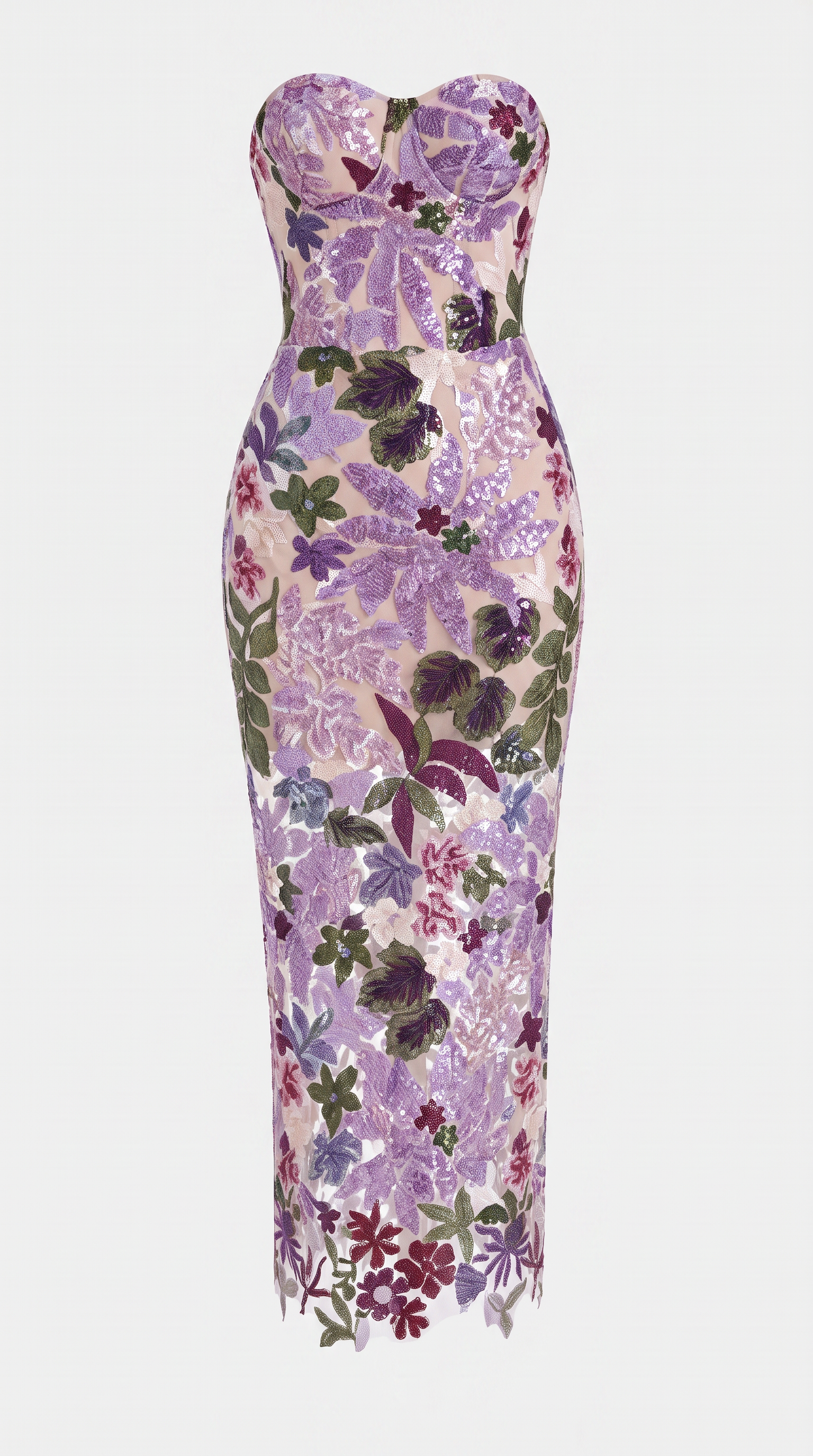 Liva - Sequined Floral Embroidered Corseted Midi Dress Purple