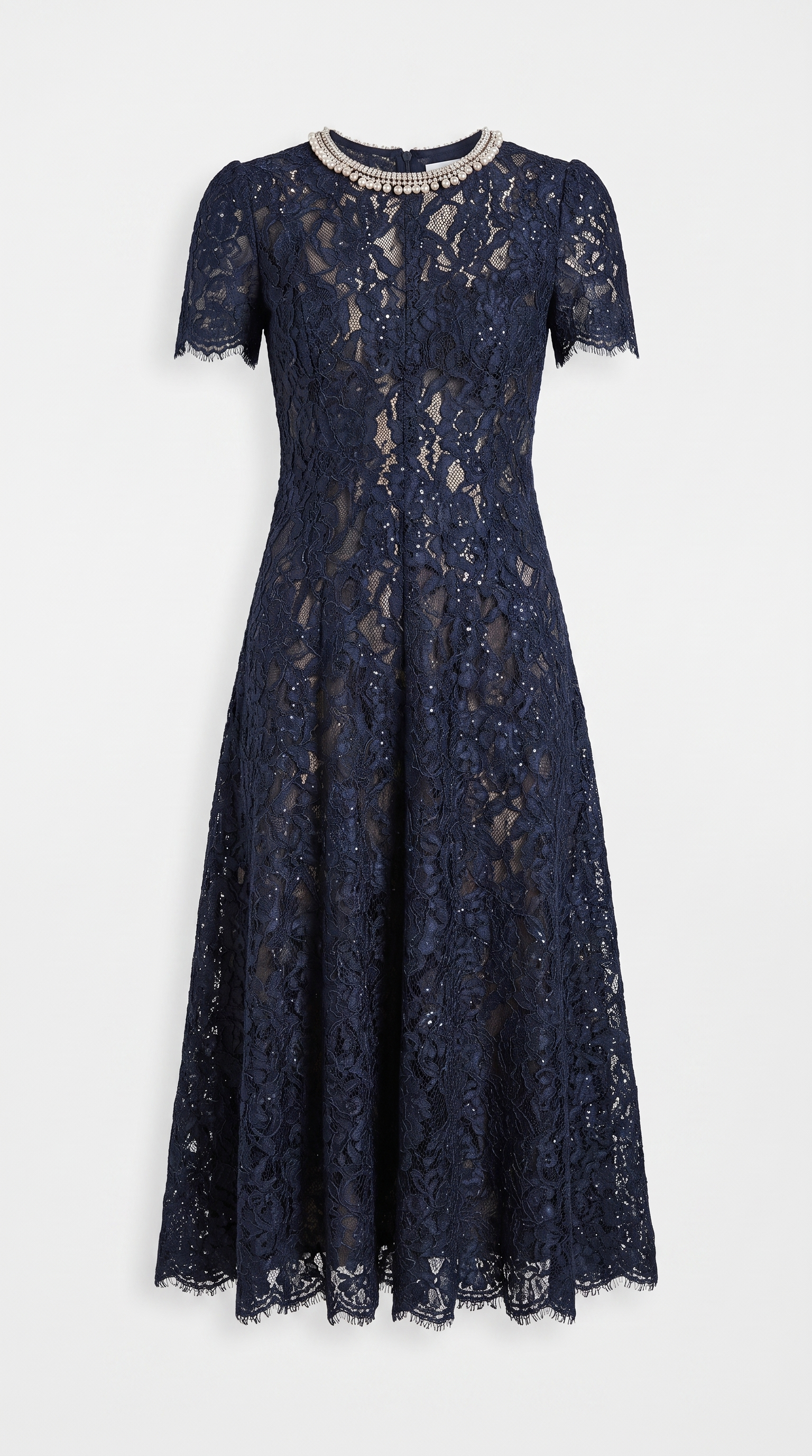 Agave - Pearl Collar Sequined Lace A-Line Midi Dress Dark Blue
