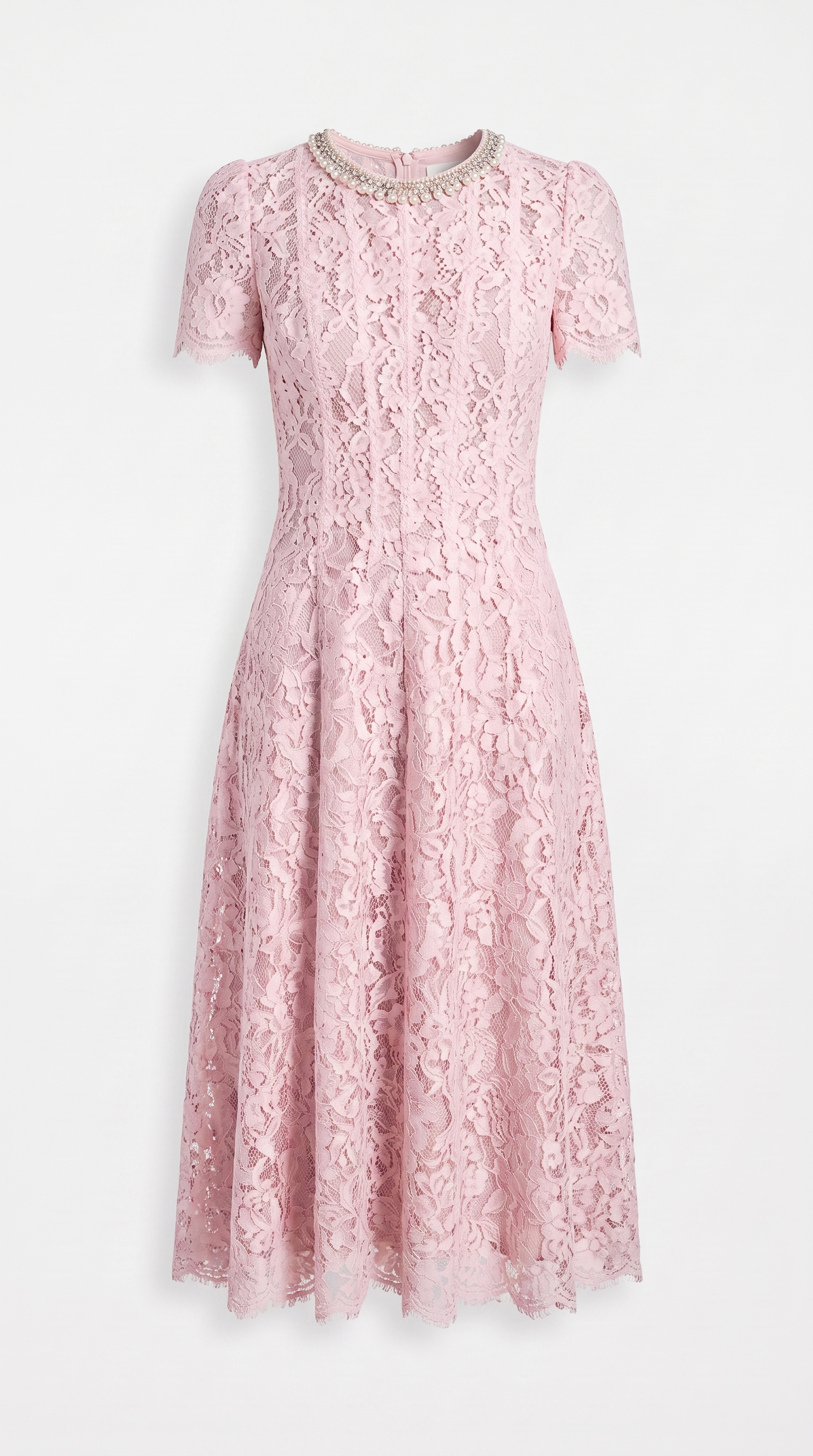 Agave - Pearl Collar Sequined Lace A-Line Midi Dress Pink
