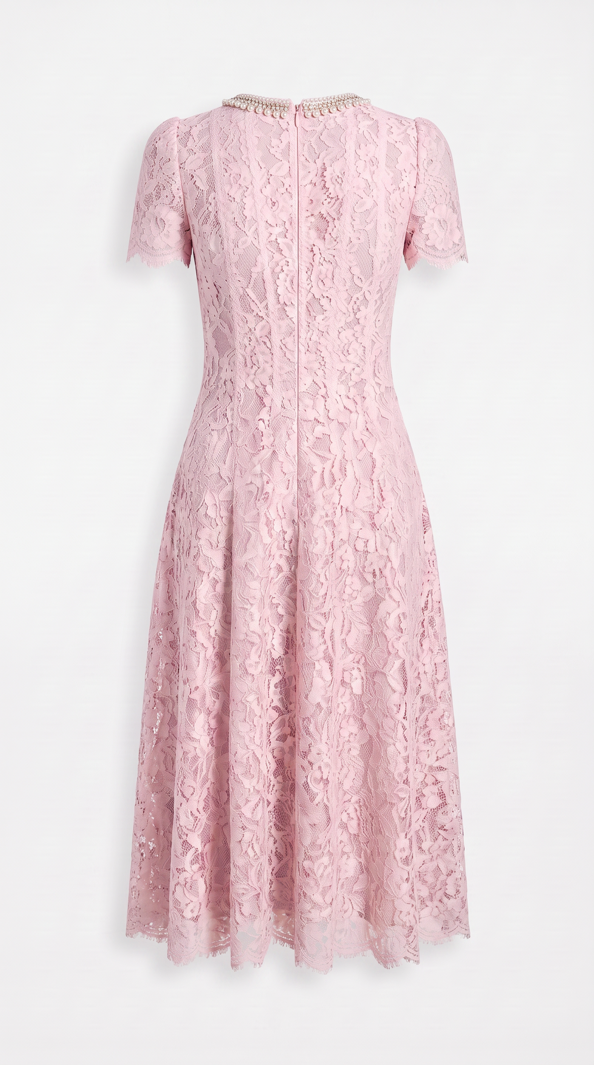 Agave - Pearl Collar Sequined Lace A-Line Midi Dress Pink