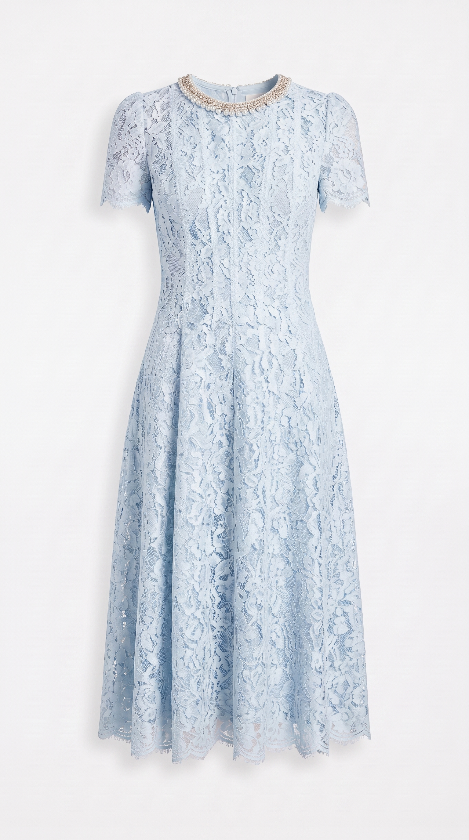 Agave - Pearl Collar Sequined Lace A-Line Midi Dress Light Blue