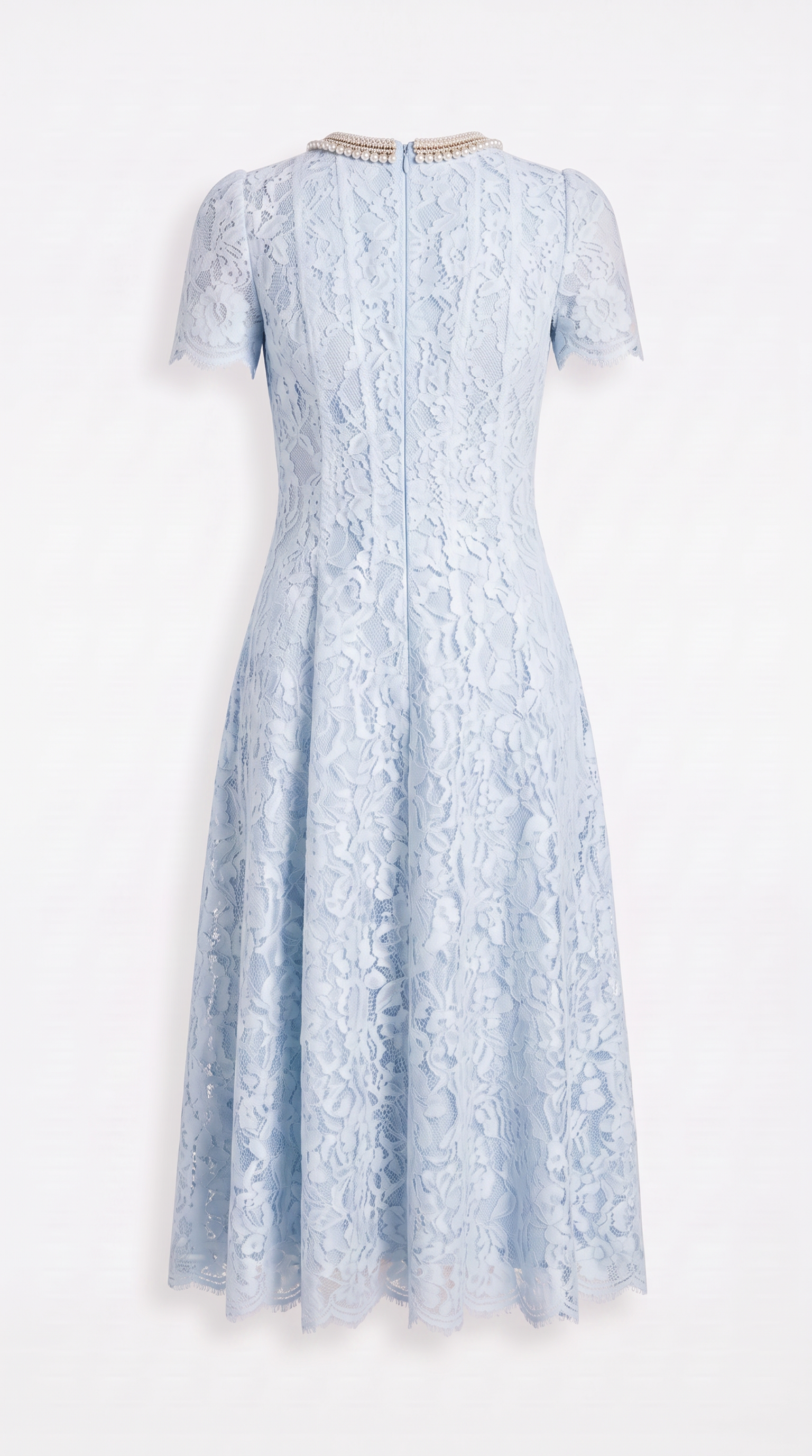 Agave - Pearl Collar Sequined Lace A-Line Midi Dress Light Blue