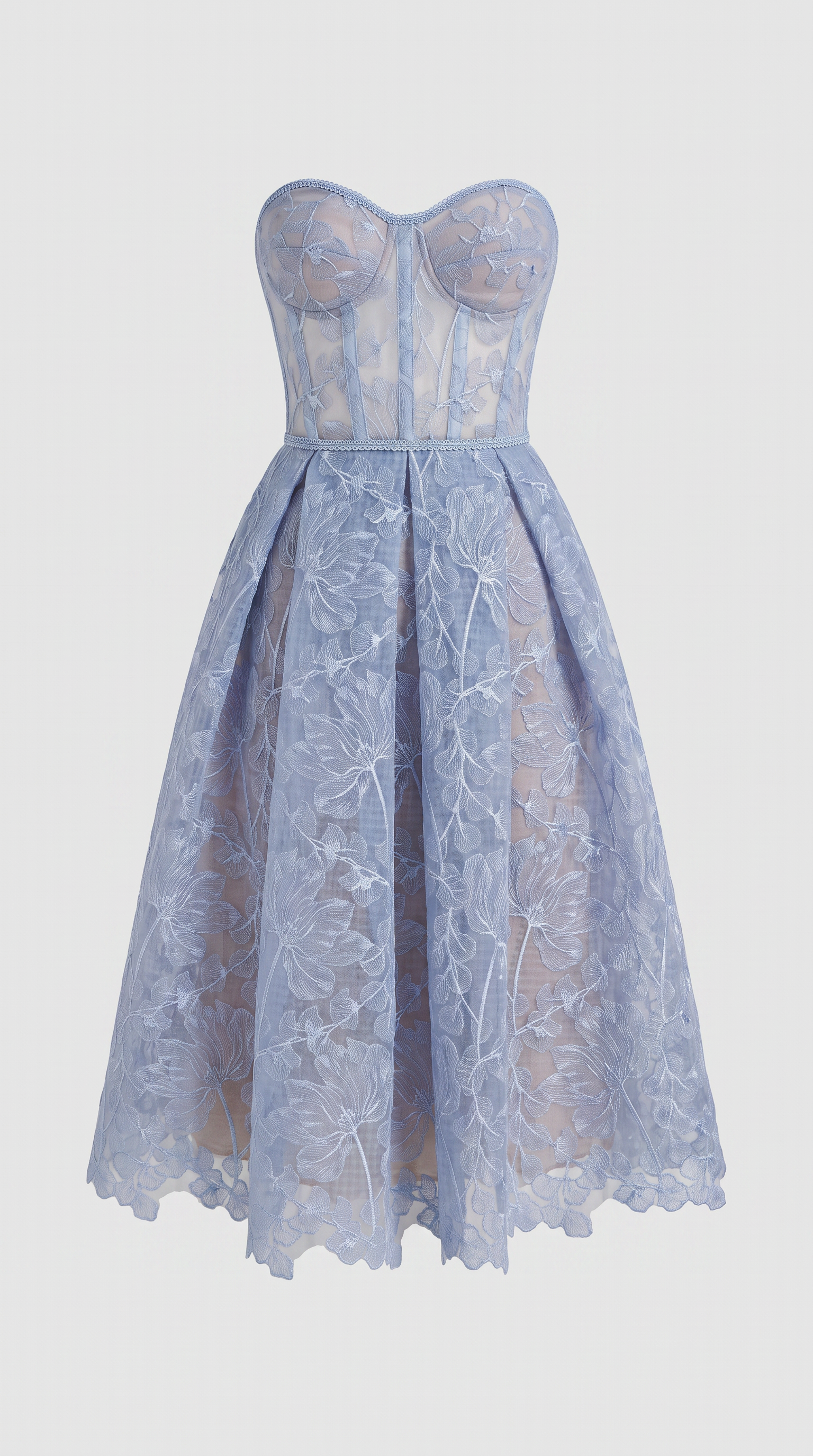 Melos - Embroidered Corseted A-Line Midi Dress Baby Blue