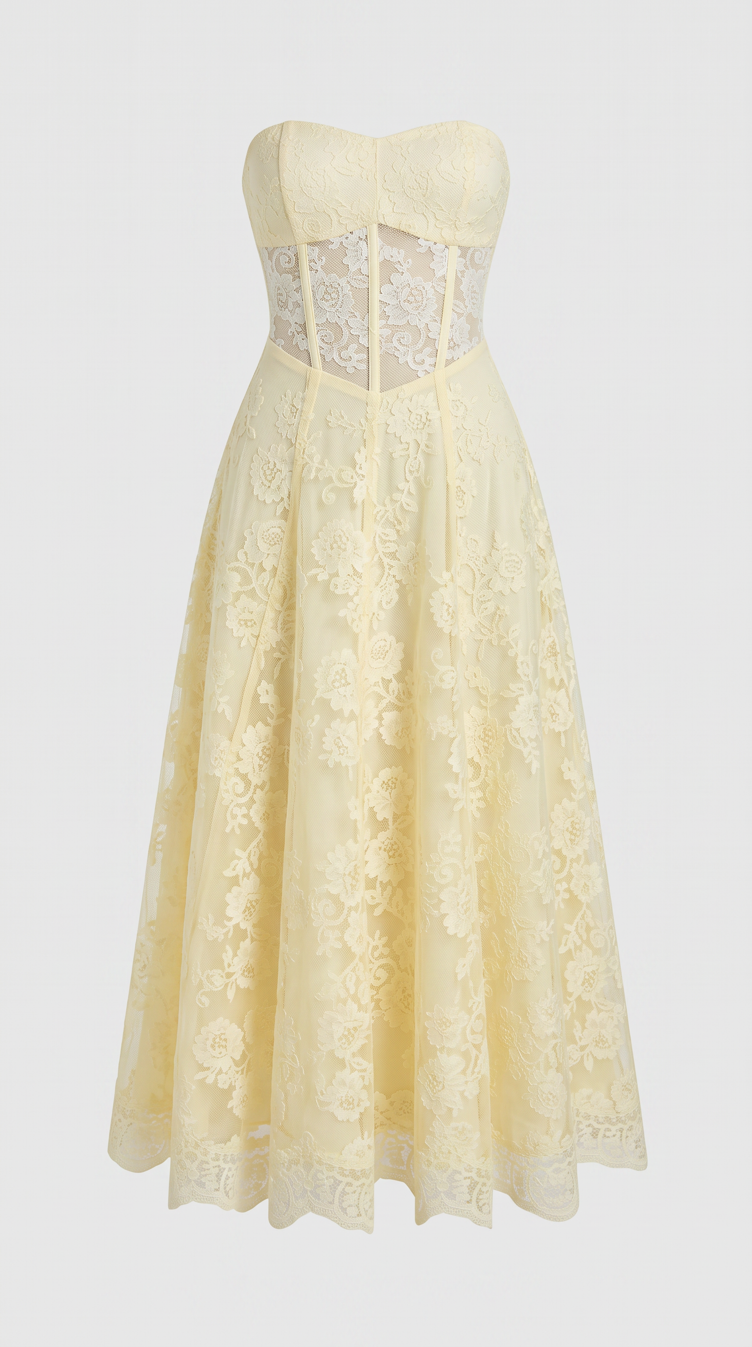 Brisa - Strapless Corseted Lace-Up Midi Dress Yellow