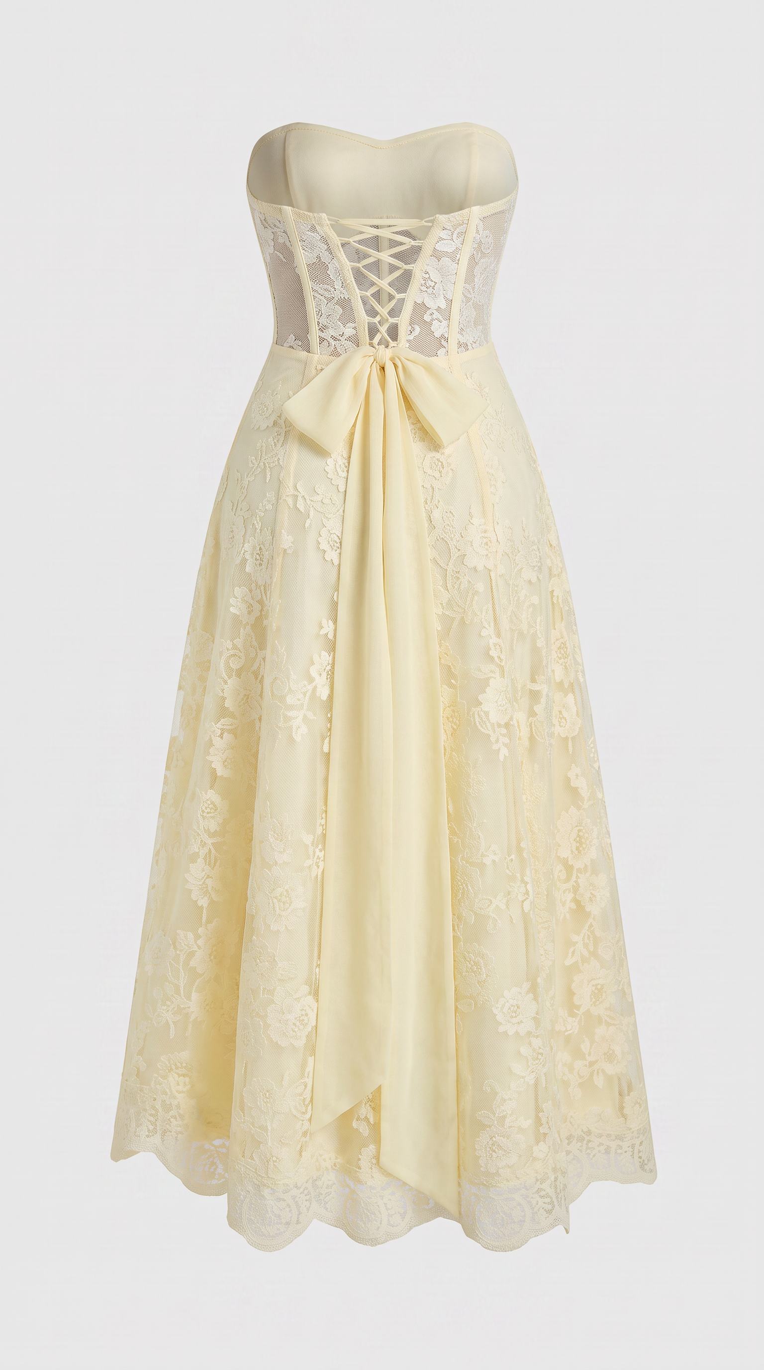 Brisa - Strapless Corseted Lace-Up Midi Dress Yellow