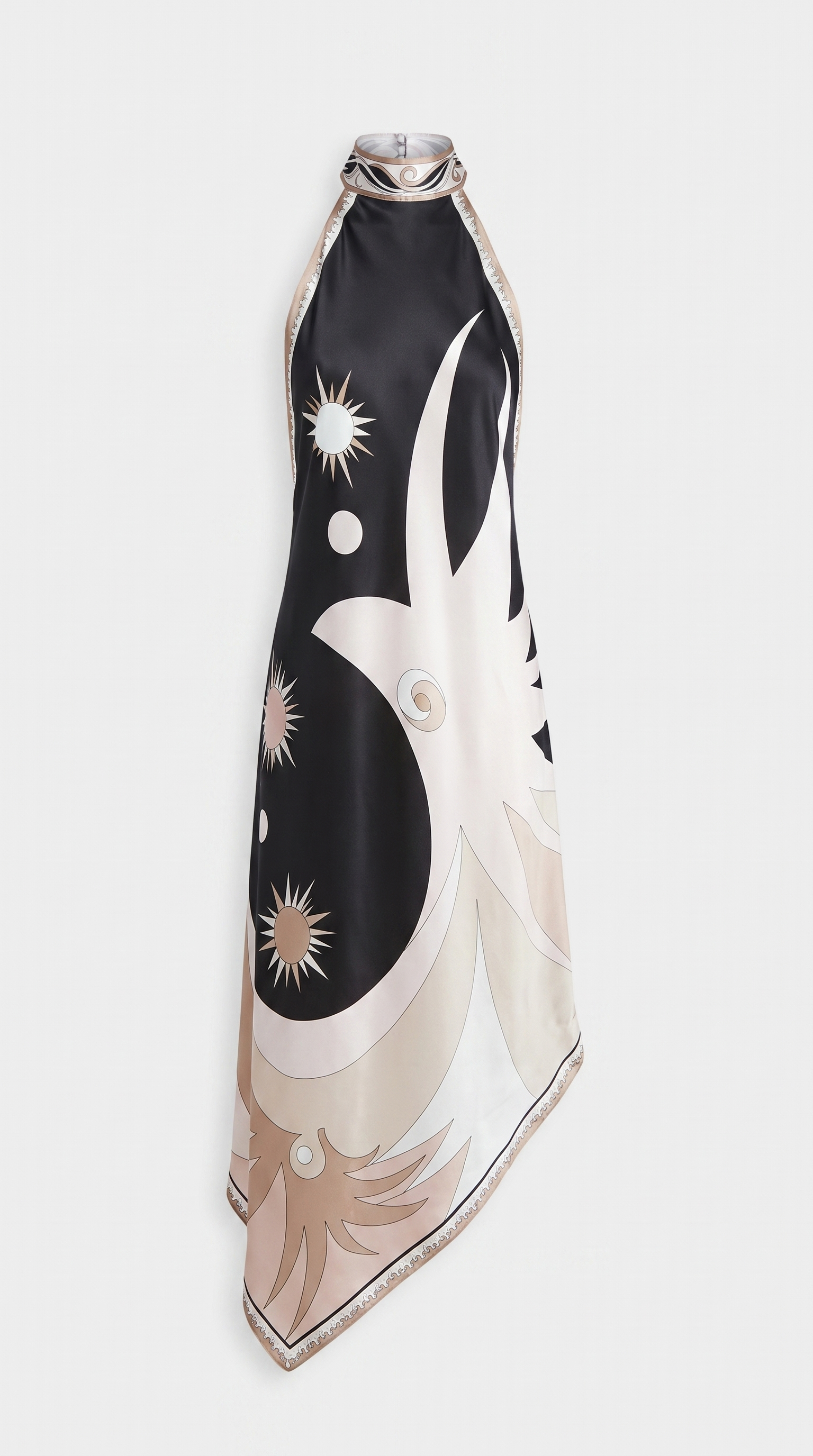 Liri - Printed Halter Handkerchief Silk-Satin Dress Black