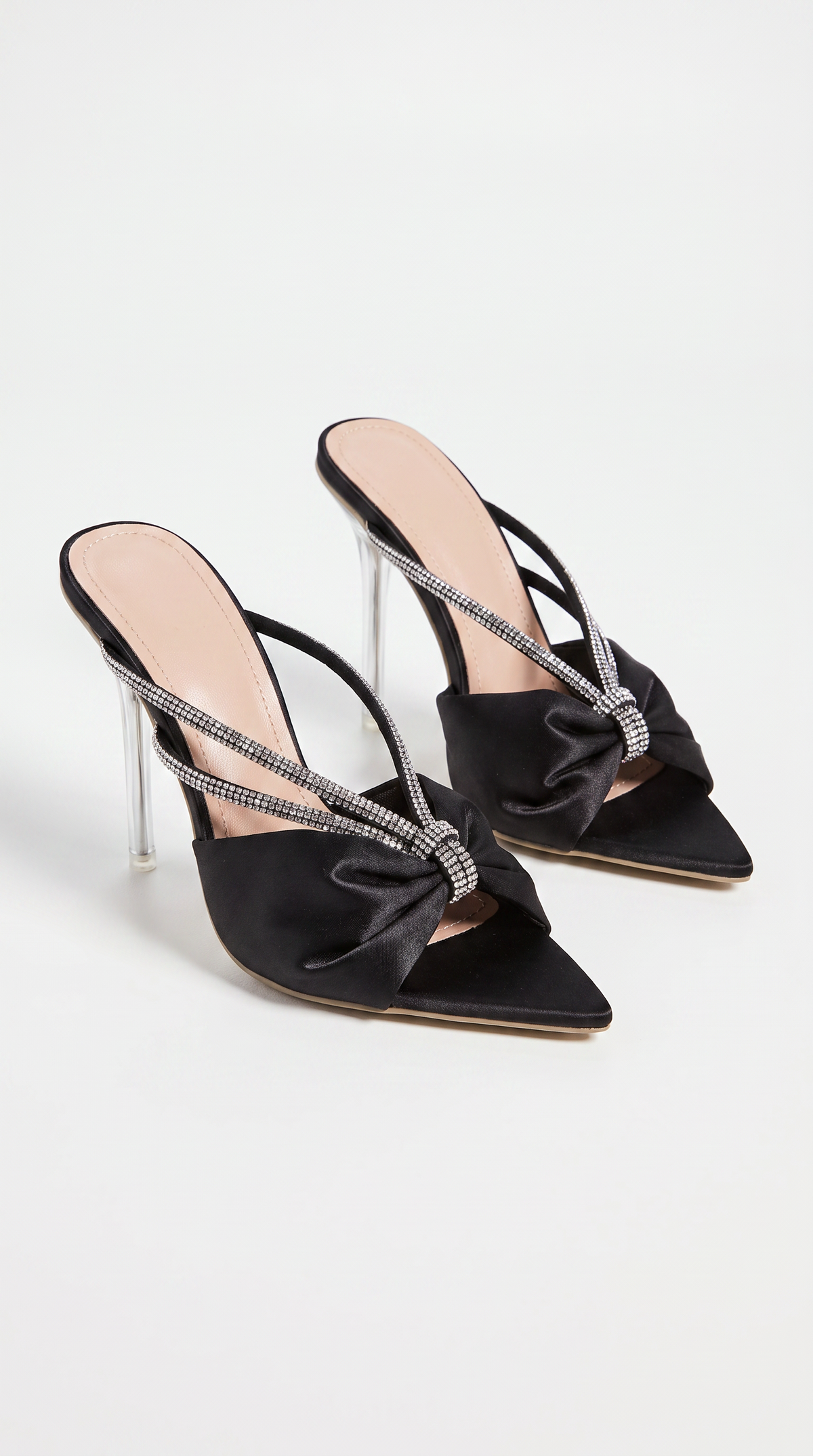 Nero - Rhinestone Knot Satin Lucite Heels Black