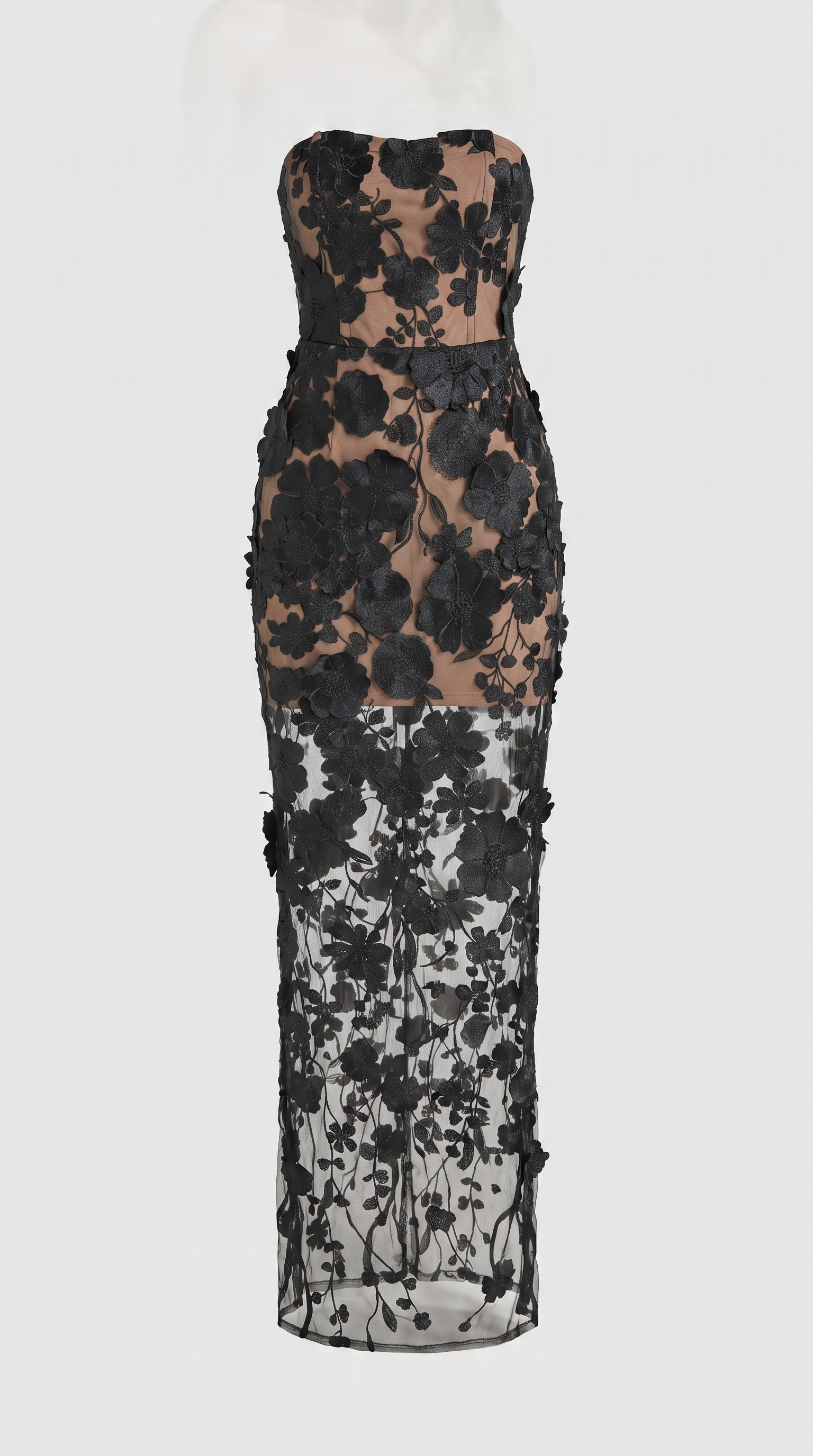 Pram - 3D Floral Appliqué Strapless Column Maxi Dress Black