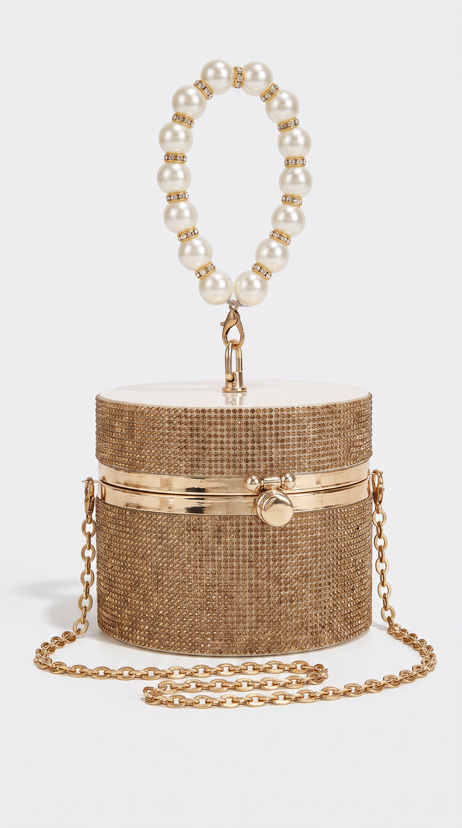 Lasa - Rhinestone Cylindrical Pearl-Handle Vanity Clutch Bag Gold