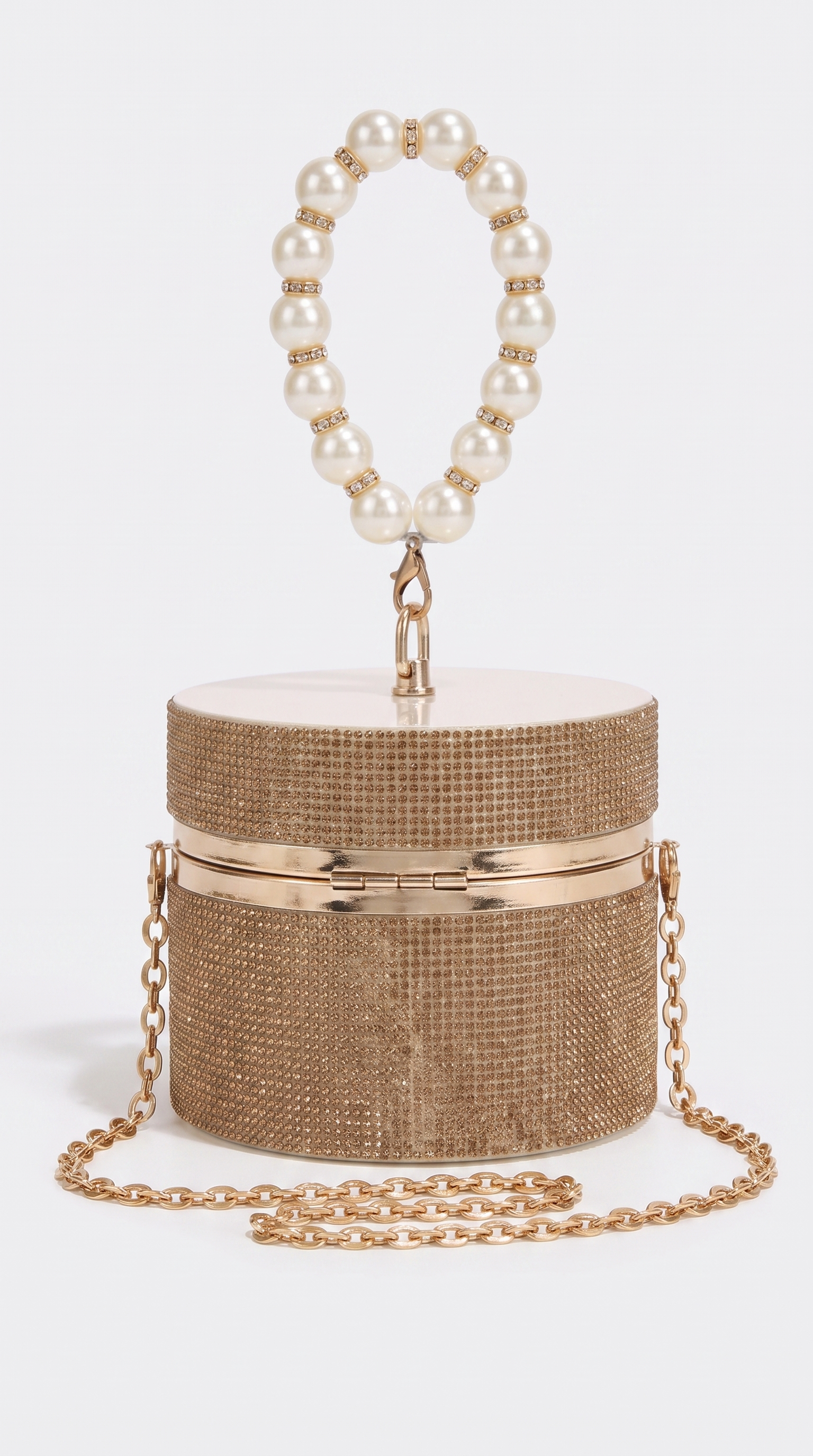 Lasa - Rhinestone Cylindrical Pearl-Handle Vanity Clutch Bag Gold
