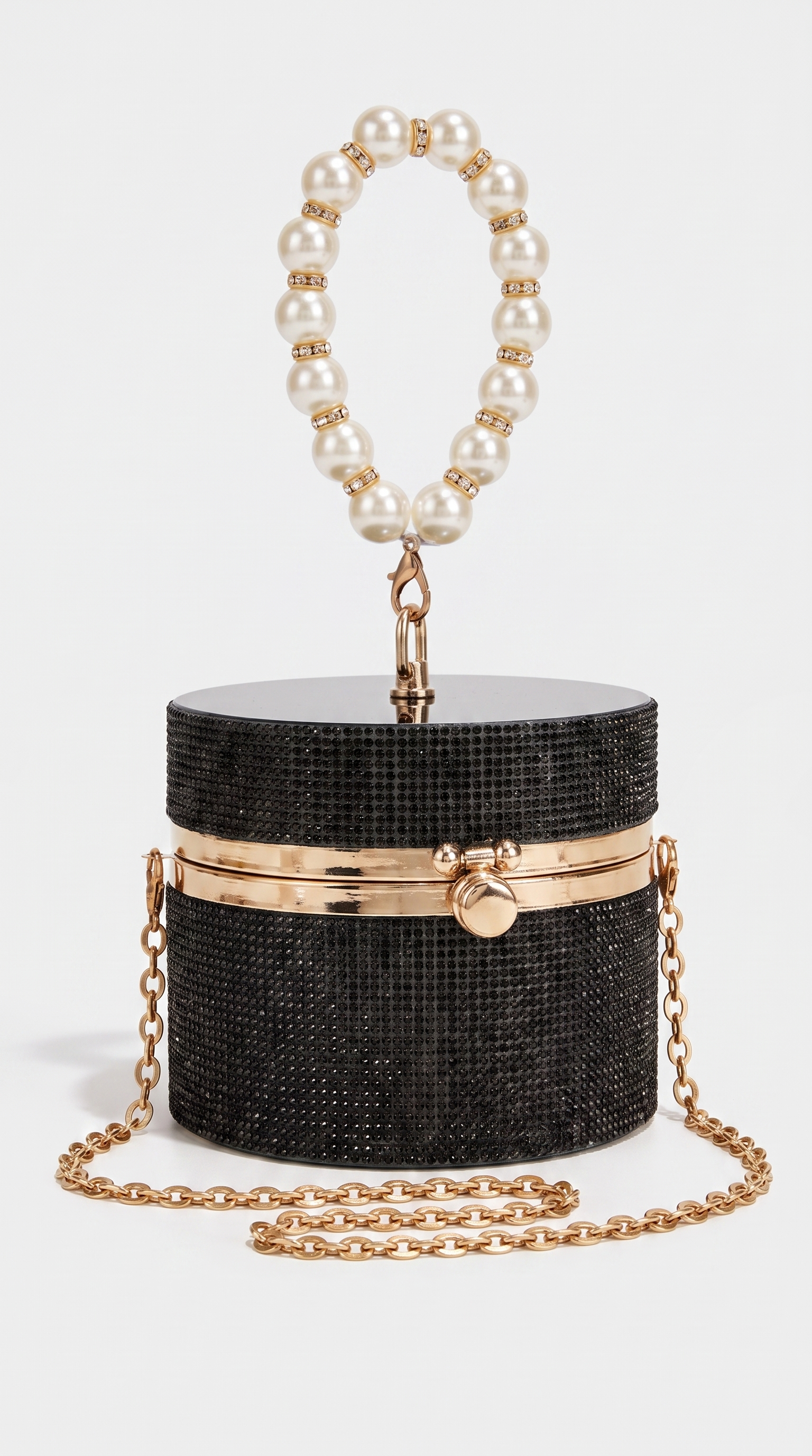 Lasa - Rhinestone Cylindrical Pearl-Handle Vanity Clutch Bag Black