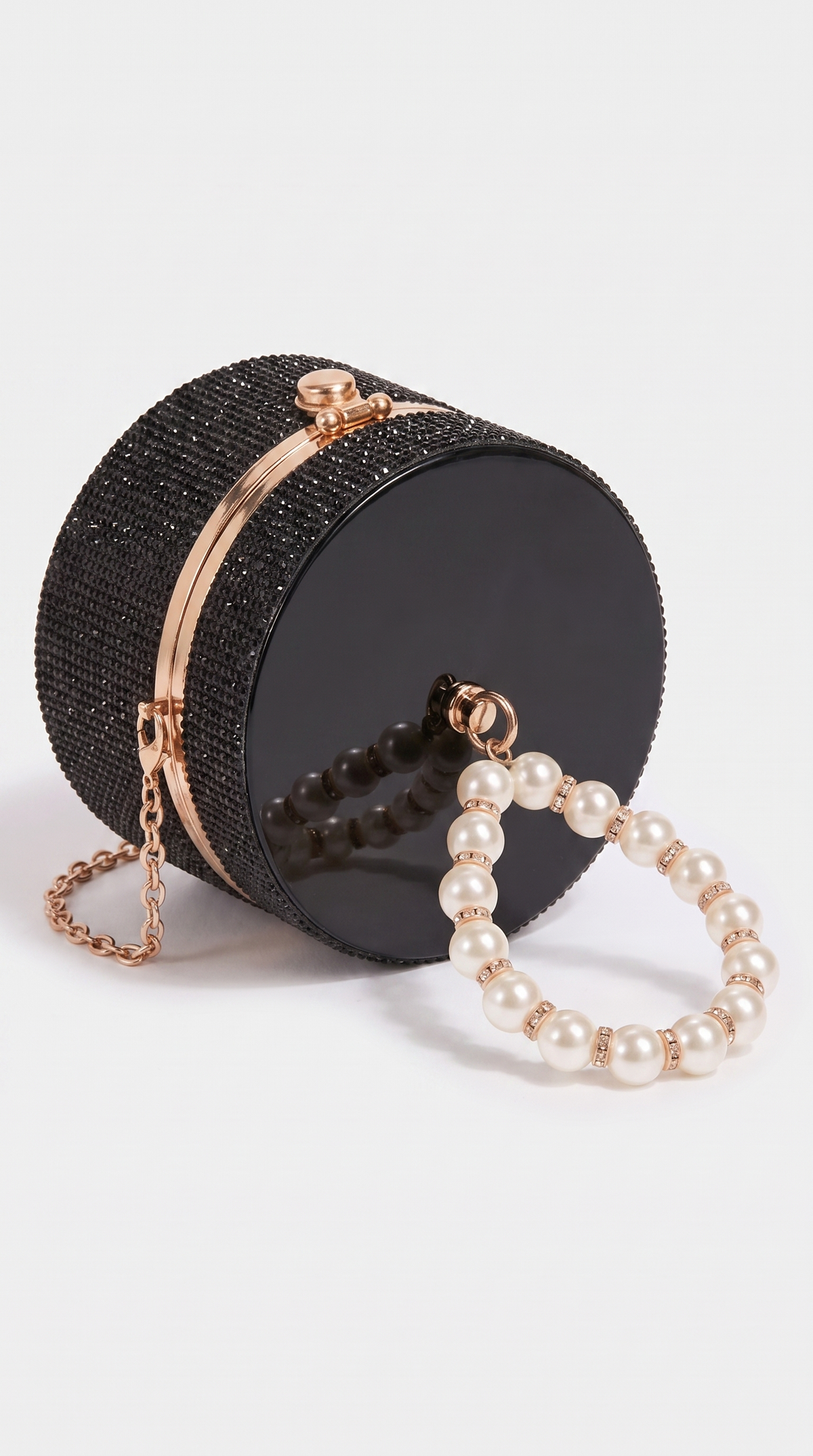 Lasa - Rhinestone Cylindrical Pearl-Handle Vanity Clutch Bag Black