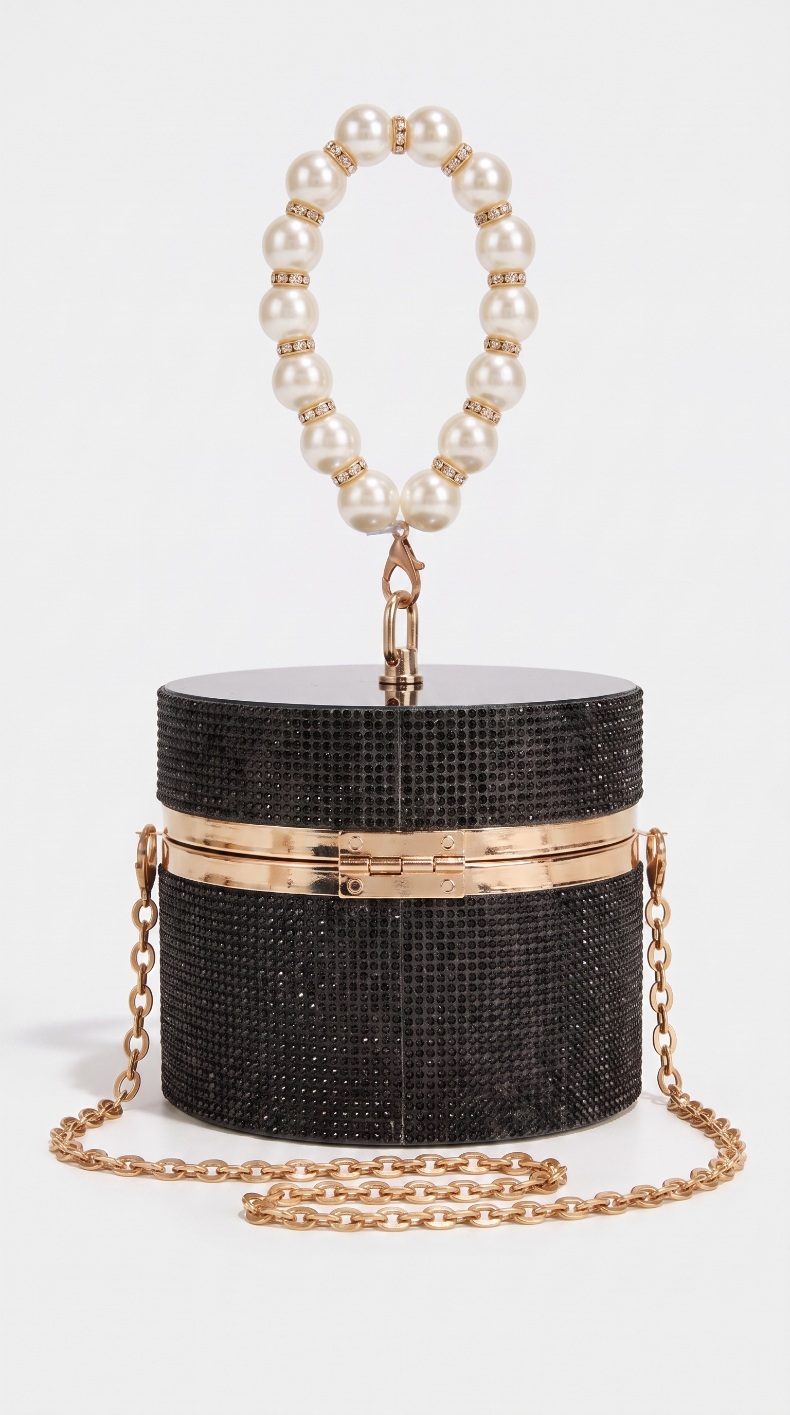 Lasa - Rhinestone Cylindrical Pearl-Handle Vanity Clutch Bag Black