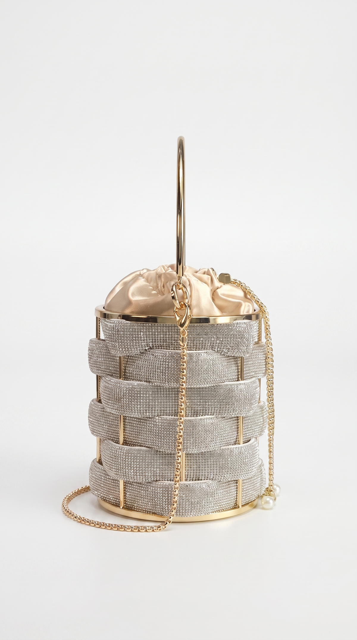 Oda - Rhinestone Woven Cage Drawstring Bucket Bag Silver