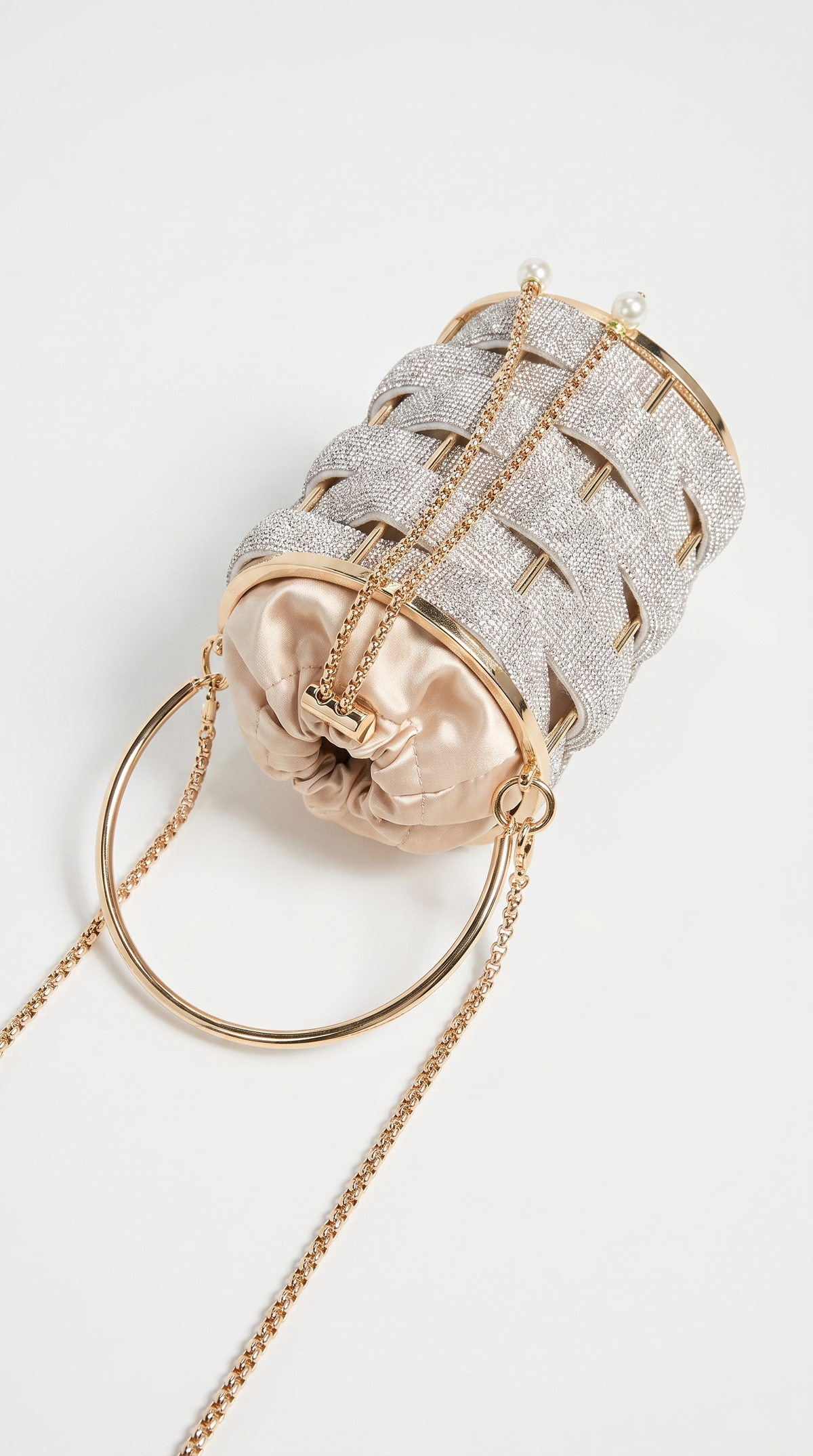 Oda - Rhinestone Woven Cage Drawstring Bucket Bag Silver