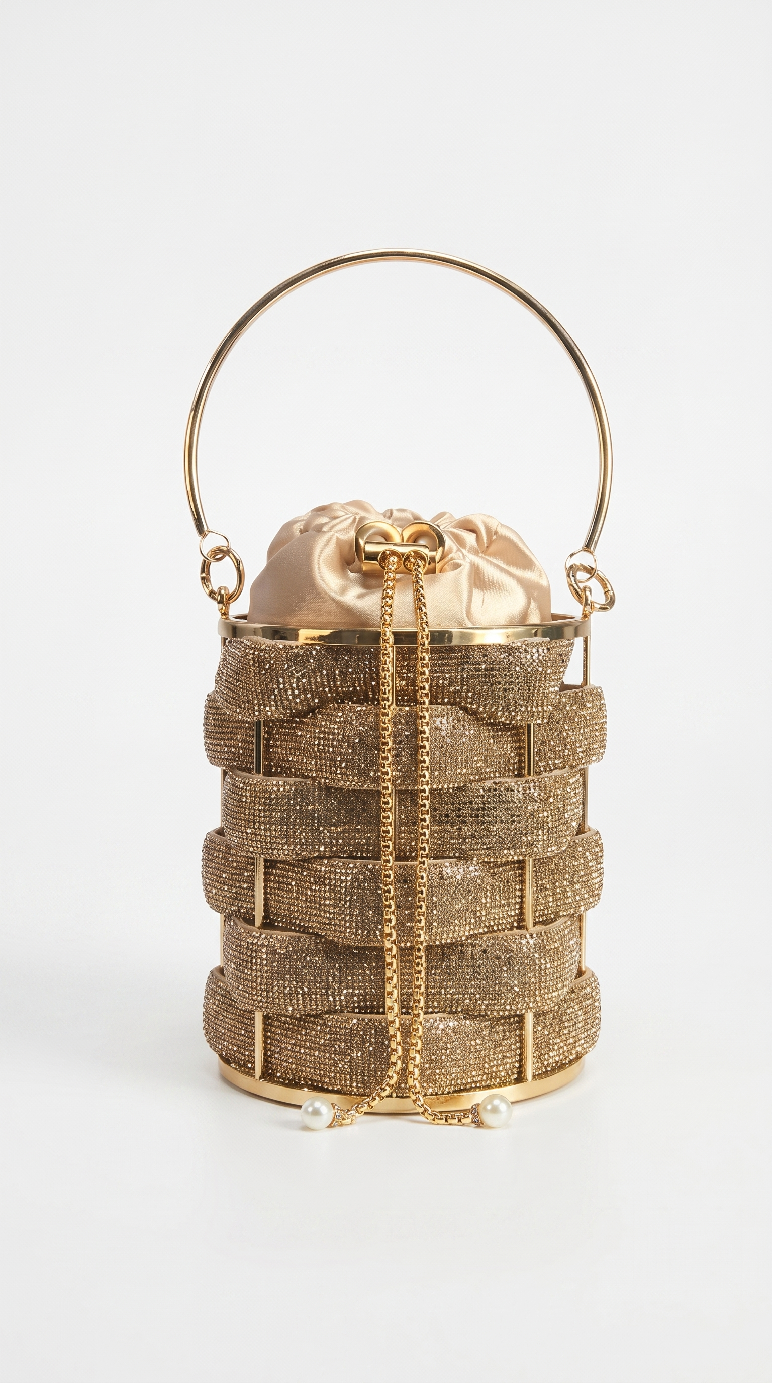 Oda - Rhinestone Woven Cage Drawstring Bucket Bag Gold