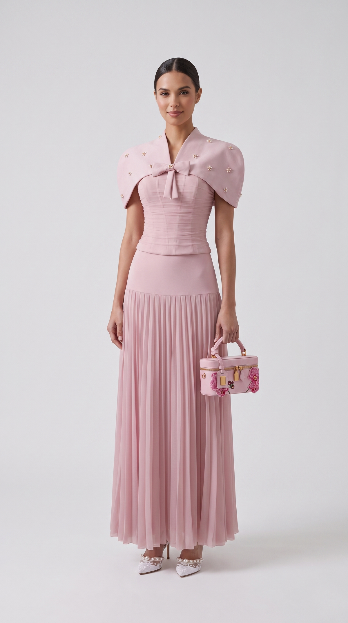 Koa - Embellished Cape Overlay Corseted Maxi Dress