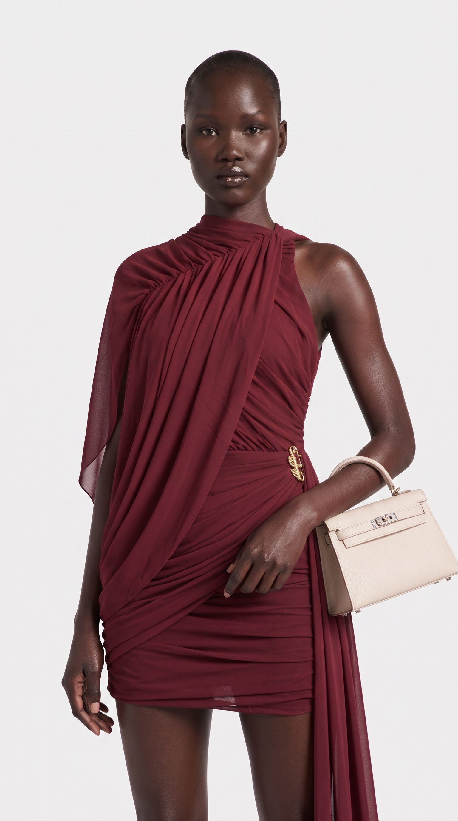 Olia - Asymmetric Ruched Chiffon Mini Dress with Cascade Train
