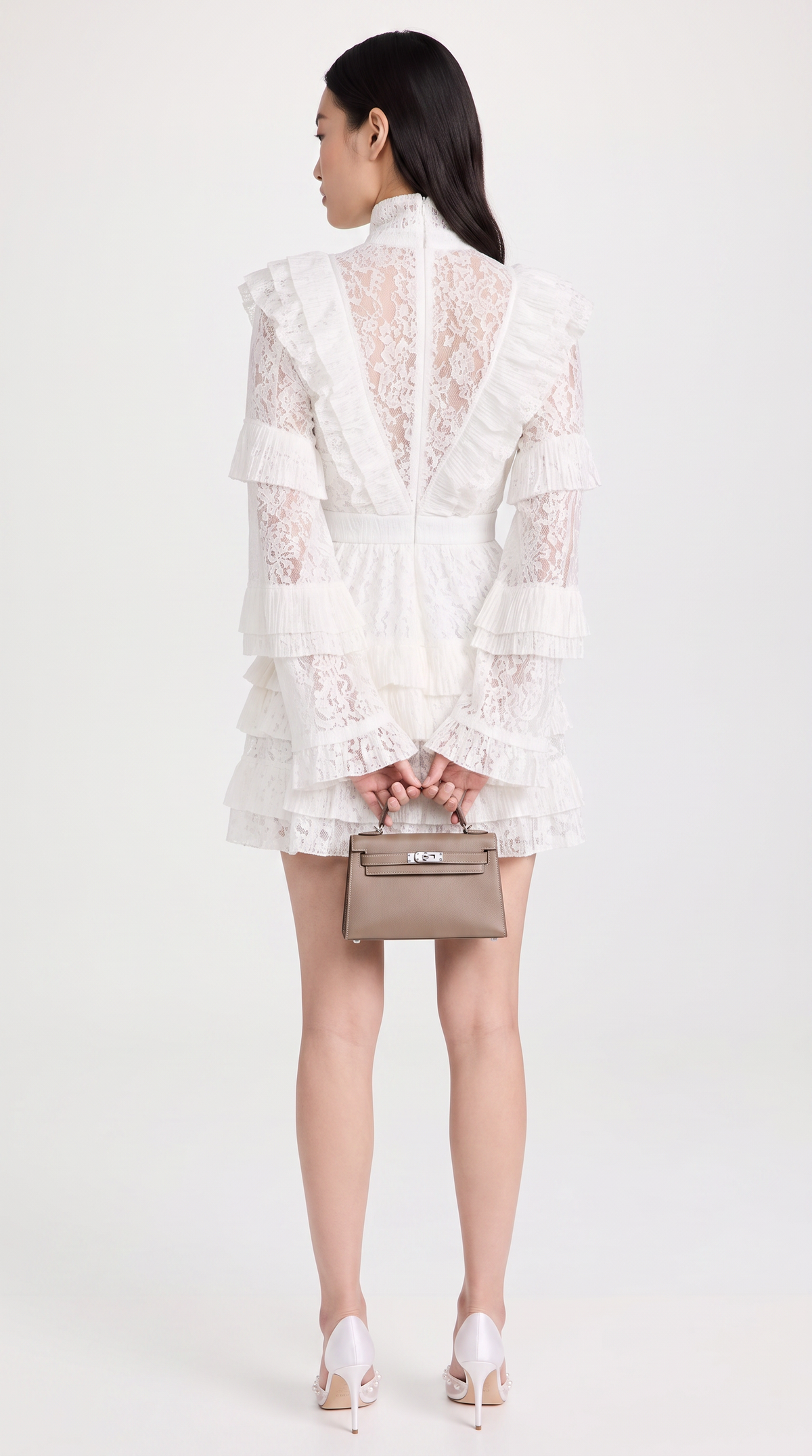 Vara - High-Neck Pleated Tiered Lace Mini Dress