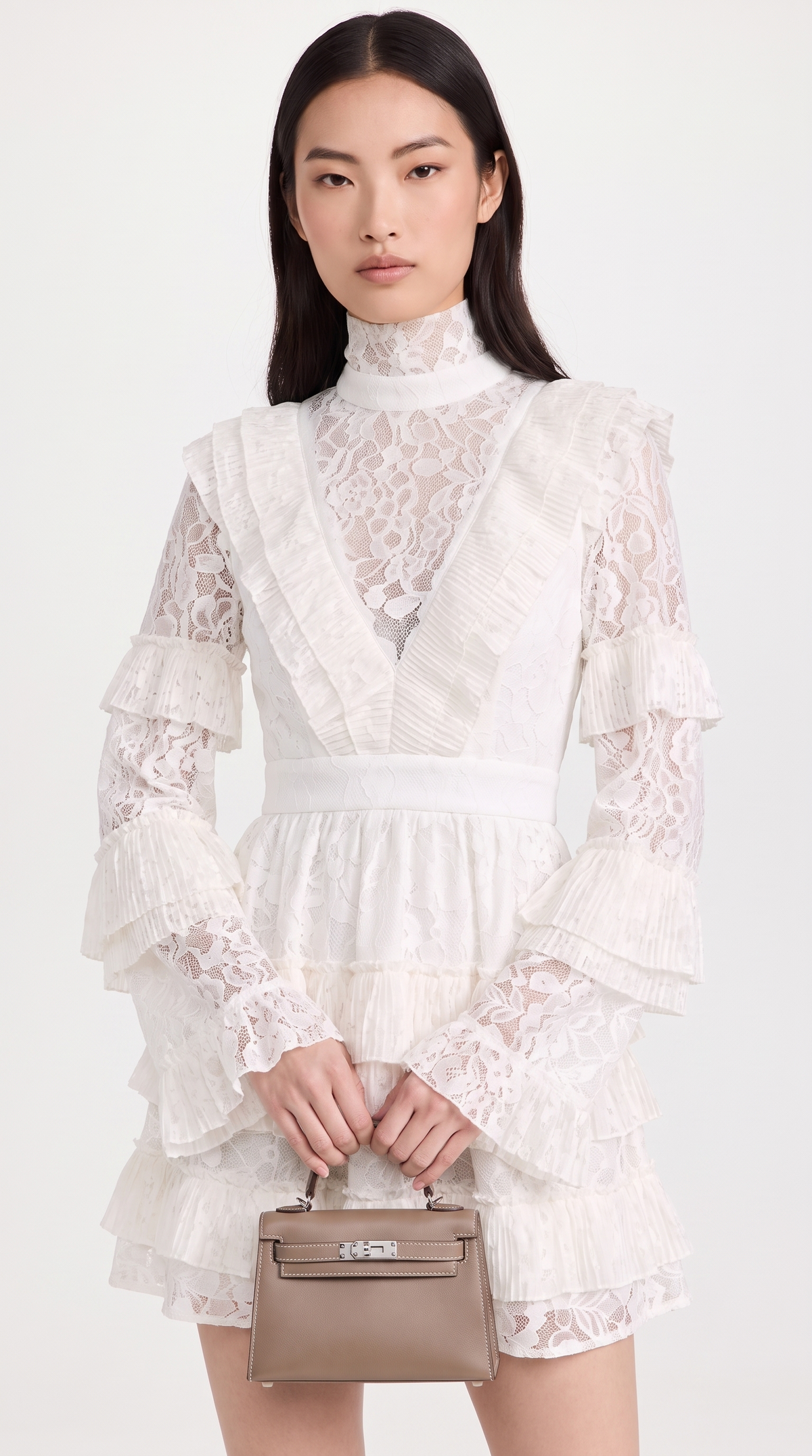 Vara - High-Neck Pleated Tiered Lace Mini Dress