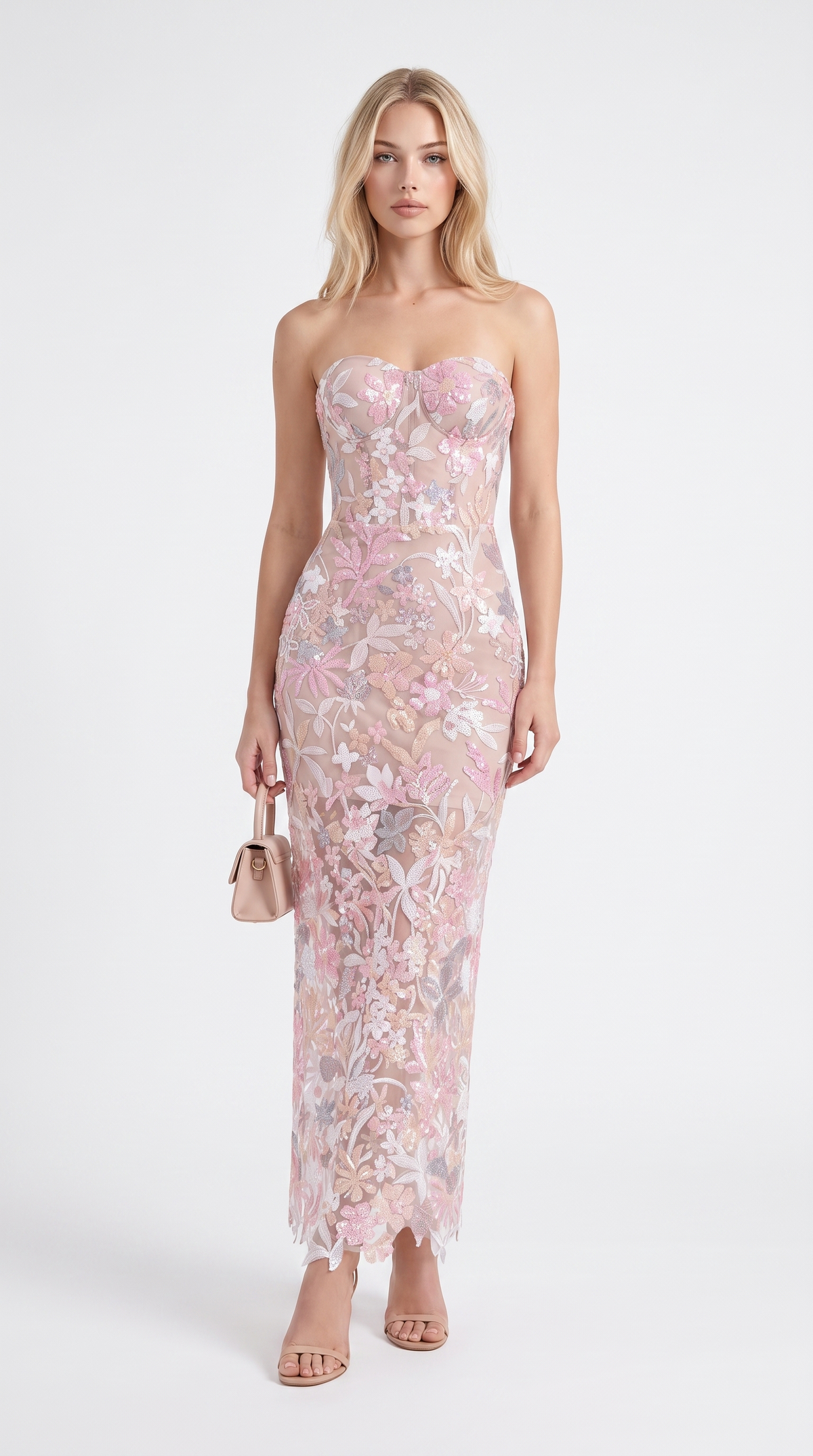 Liva - Sequined Floral Embroidered Corseted Midi Dress Pink