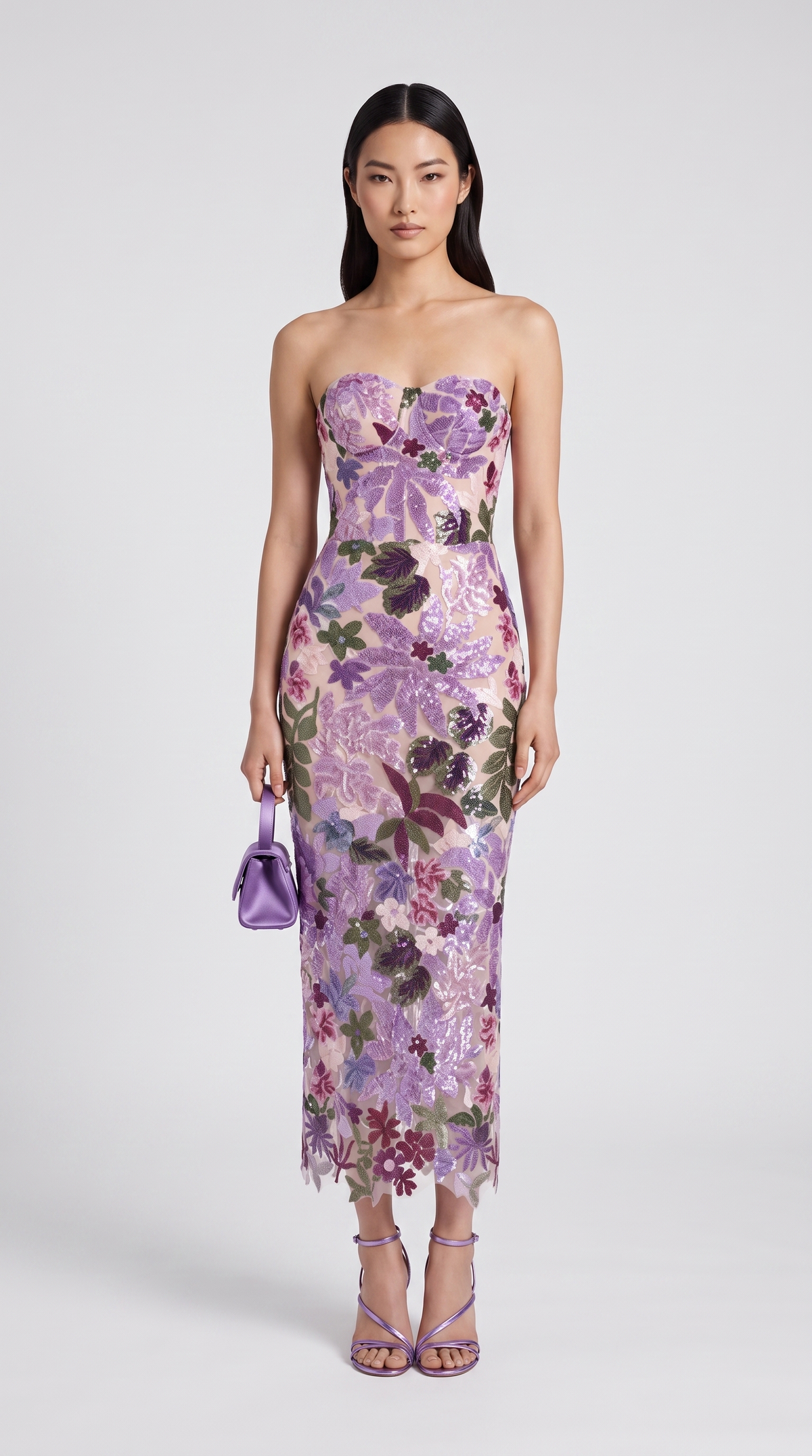 Liva - Sequined Floral Embroidered Corseted Midi Dress Purple