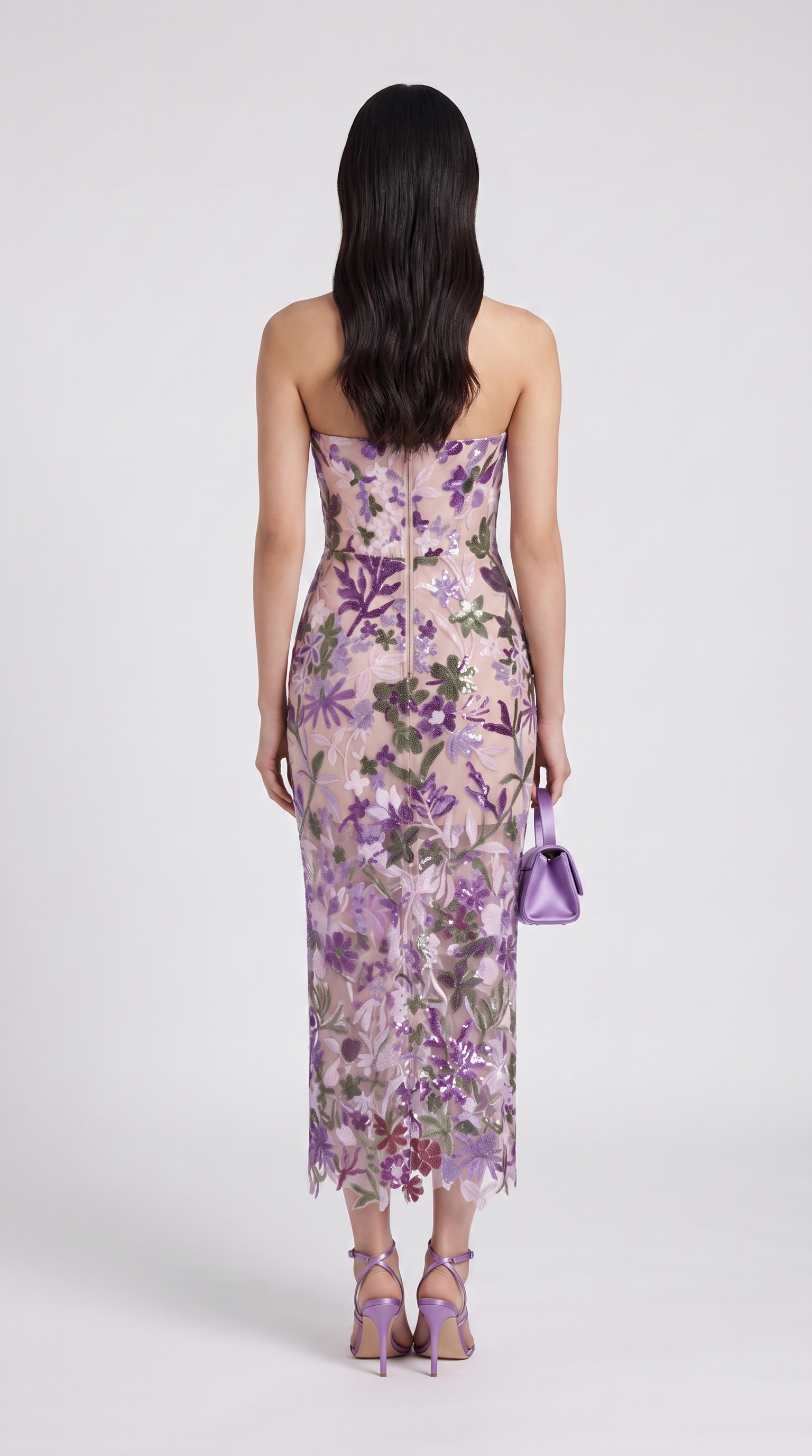 Liva - Sequined Floral Embroidered Corseted Midi Dress Purple