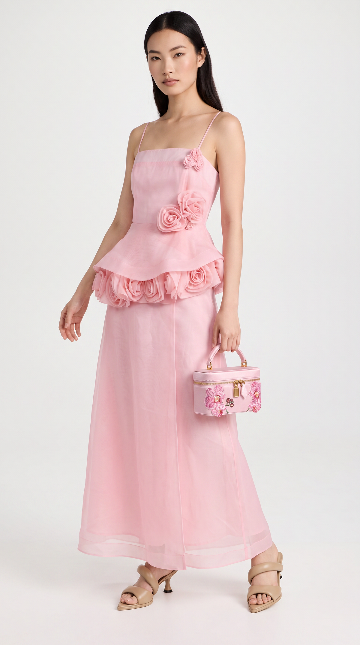 Roda - 3D Rosette Peplum Maxi Dress Pink