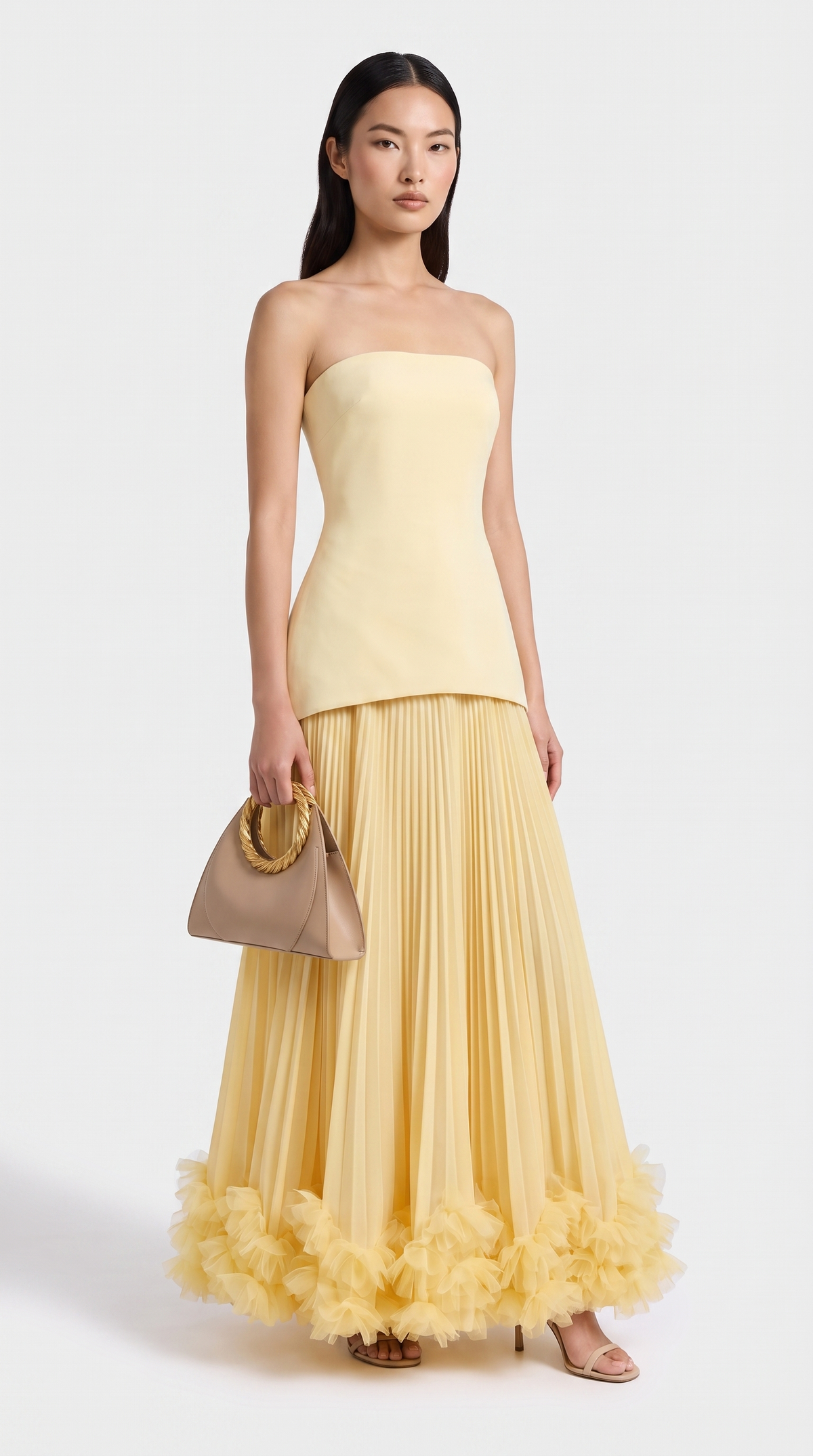 Ceto - Strapless Pleated Rosette-Hem Maxi Gown Yellow