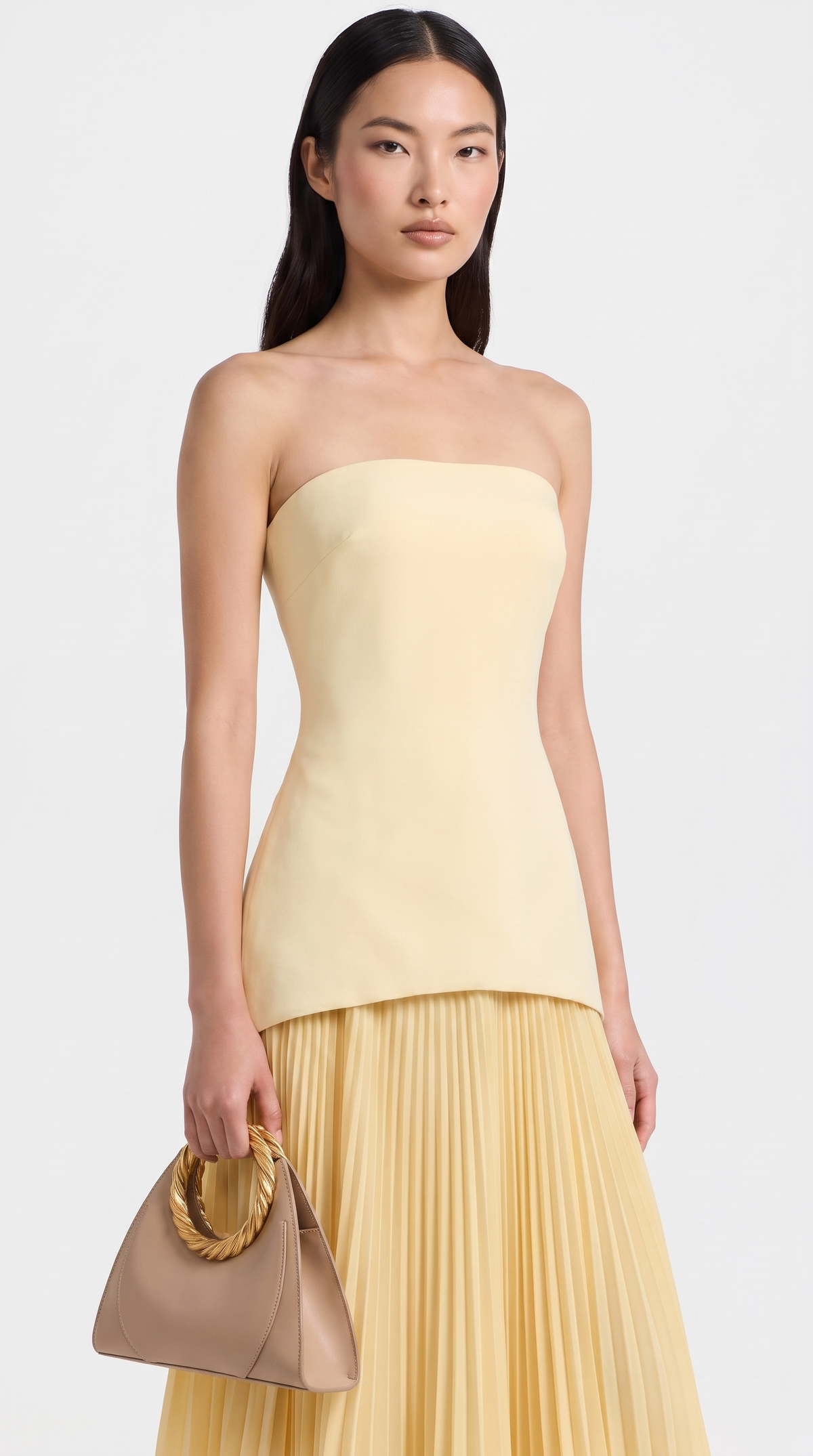 Ceto - Strapless Pleated Rosette-Hem Maxi Gown Yellow