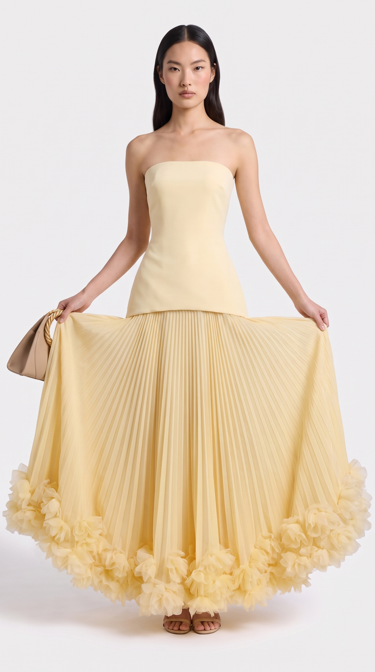 Ceto - Strapless Pleated Rosette-Hem Maxi Gown Yellow