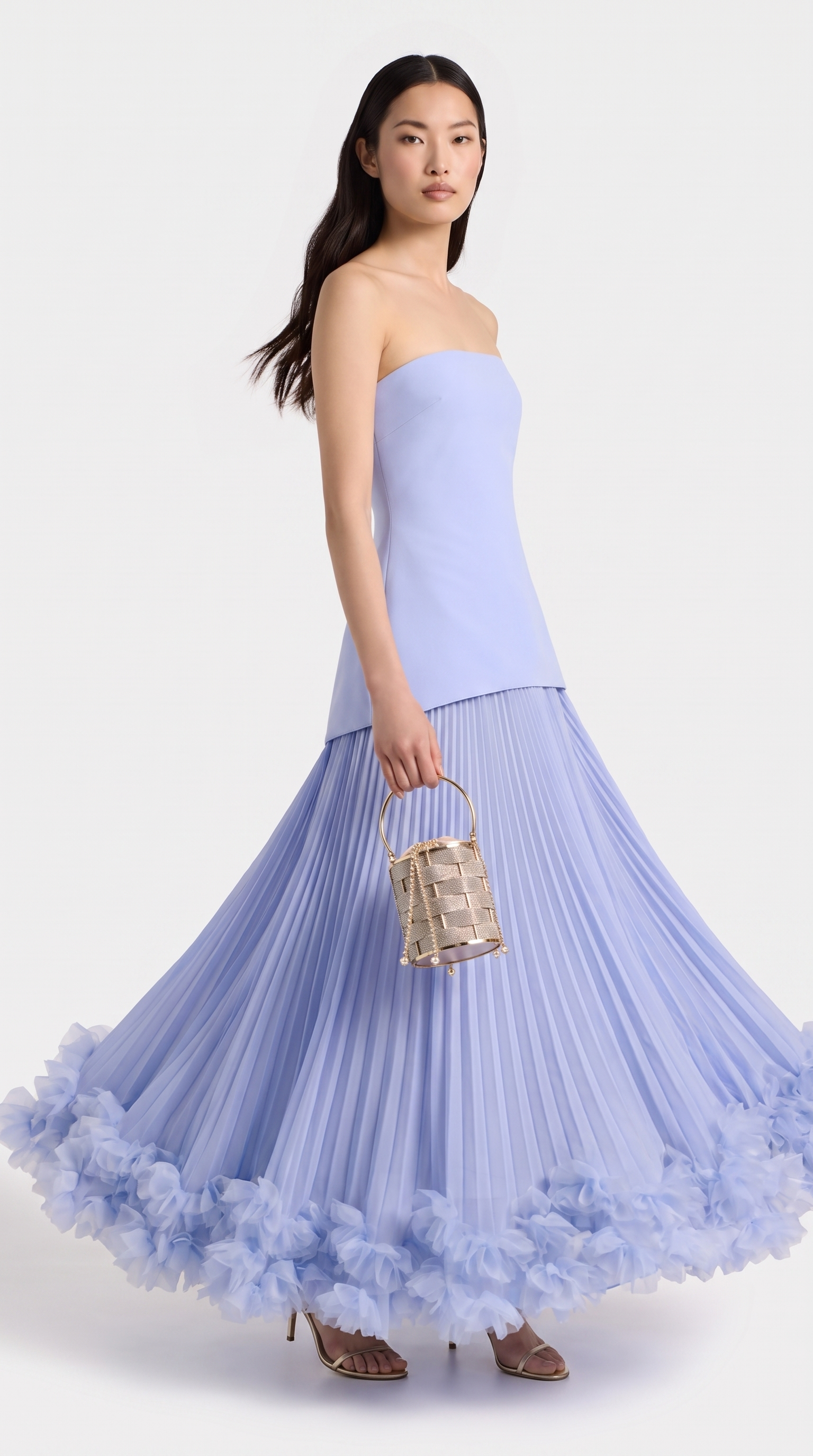 Ceto - Strapless Pleated Rosette-Hem Maxi Gown Blue
