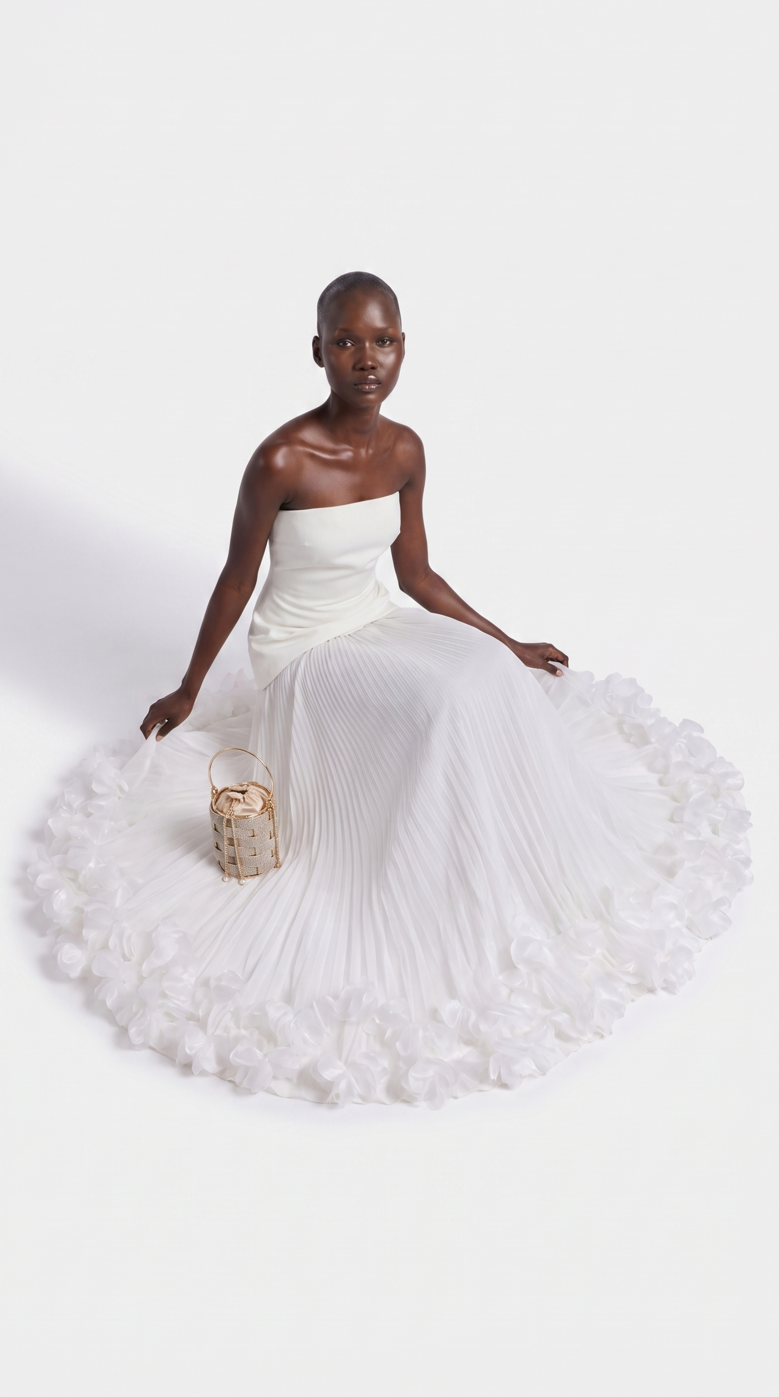 Ceto - Strapless Pleated Rosette-Hem Maxi Gown White