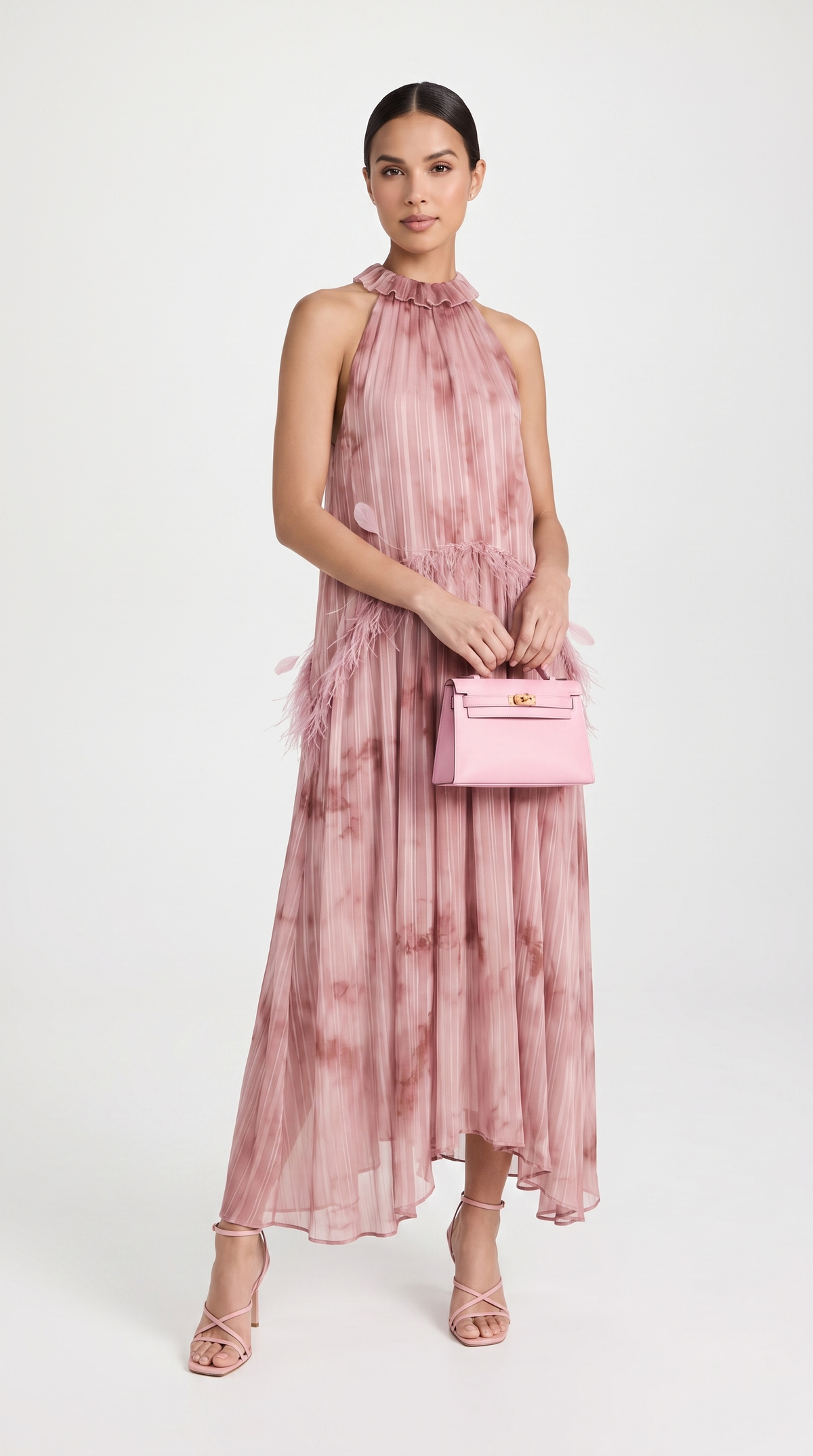 Nisi - Feather-Trimmed Pleated Halter Maxi Dress
