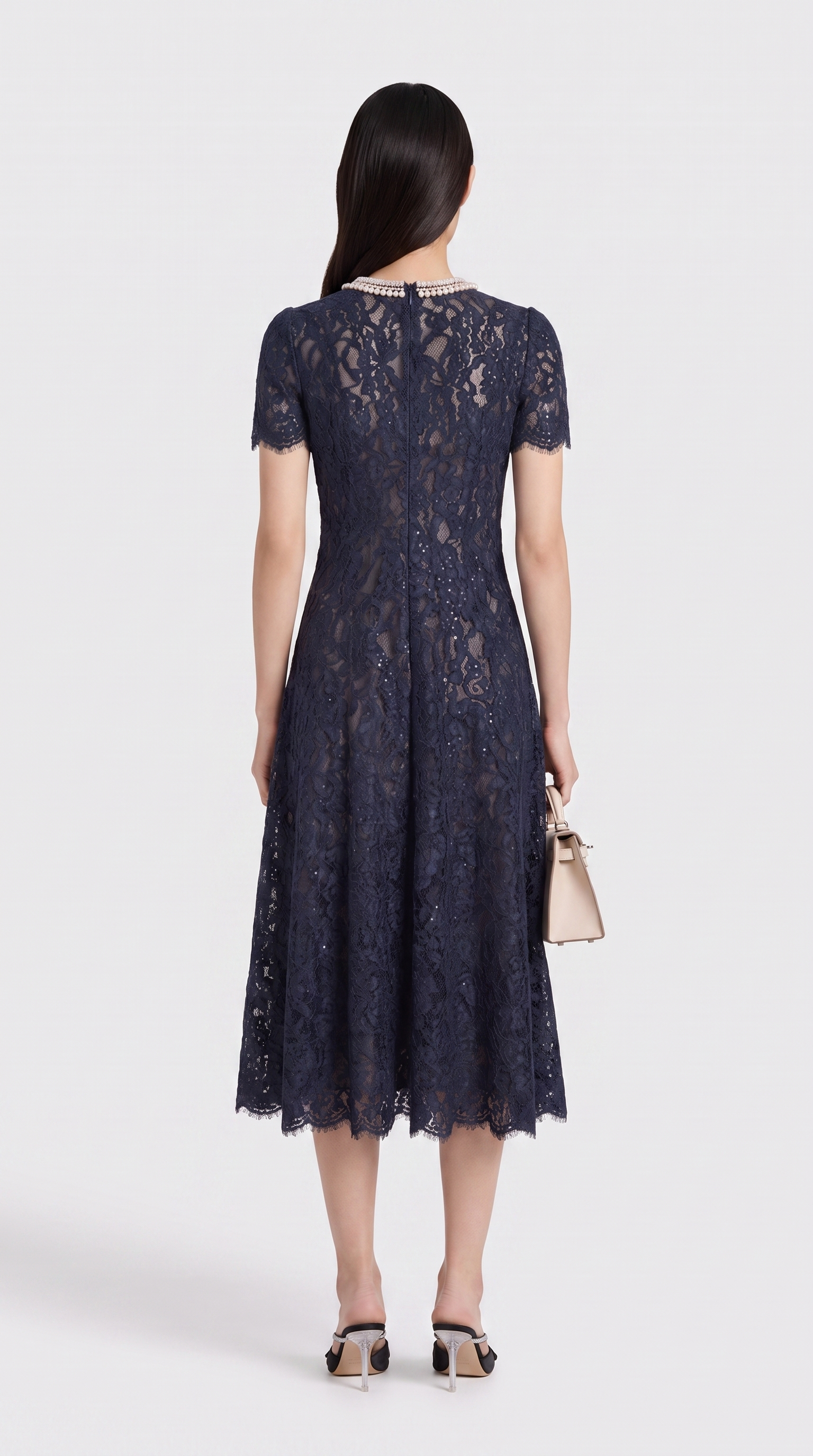Agave - Pearl Collar Sequined Lace A-Line Midi Dress Dark Blue